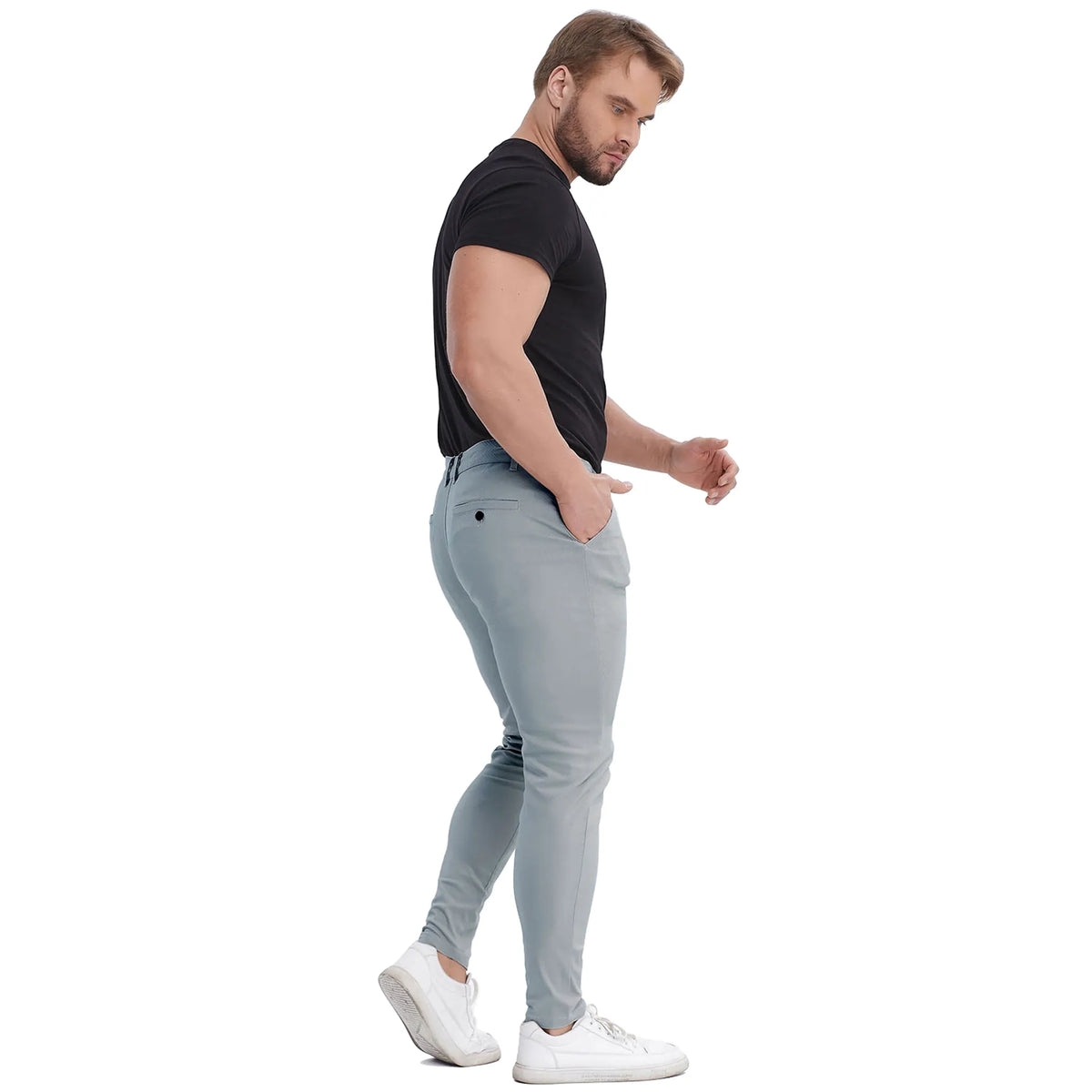 Stretch cotton fabric on men's plaid chinos