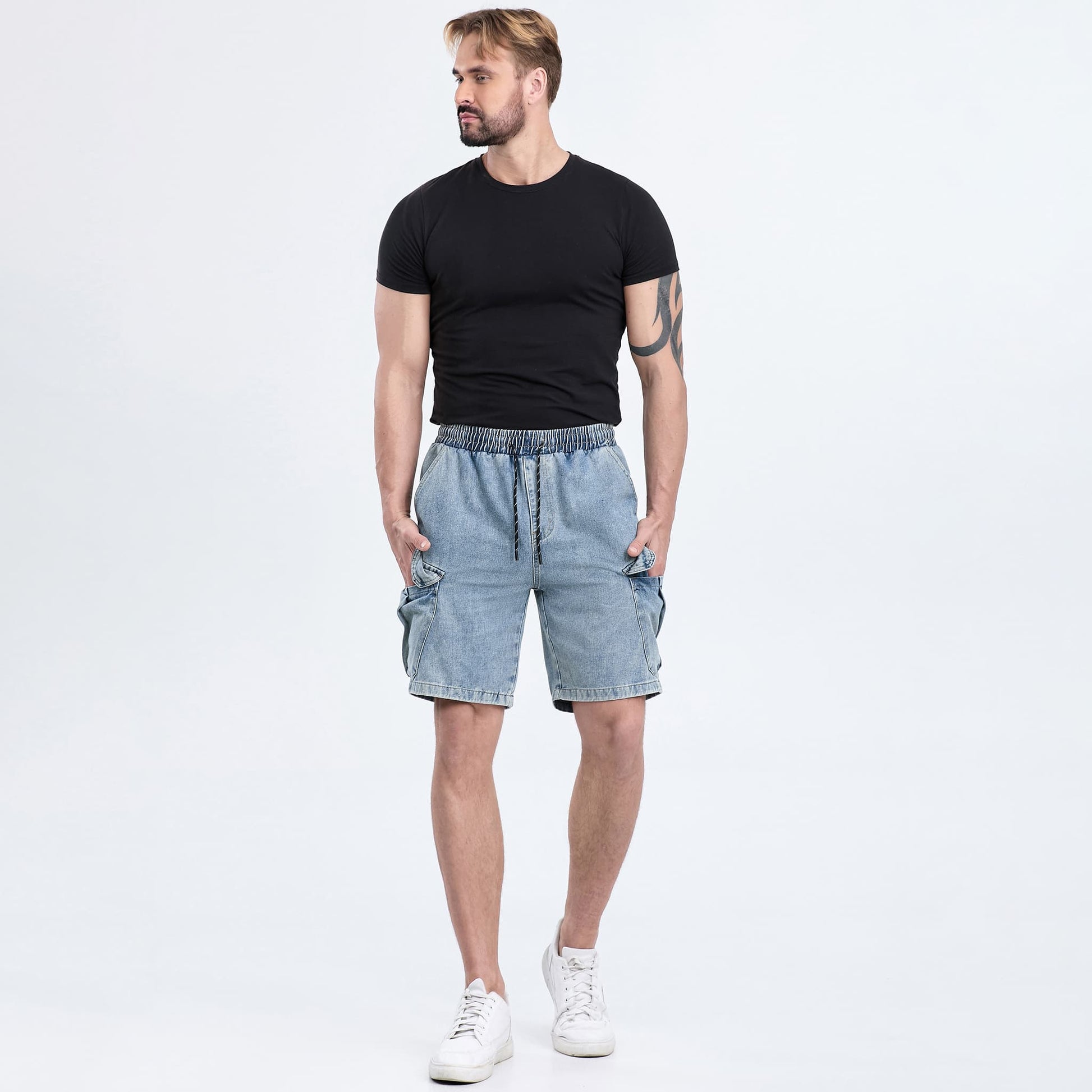blue jean shorts men drawstring waist