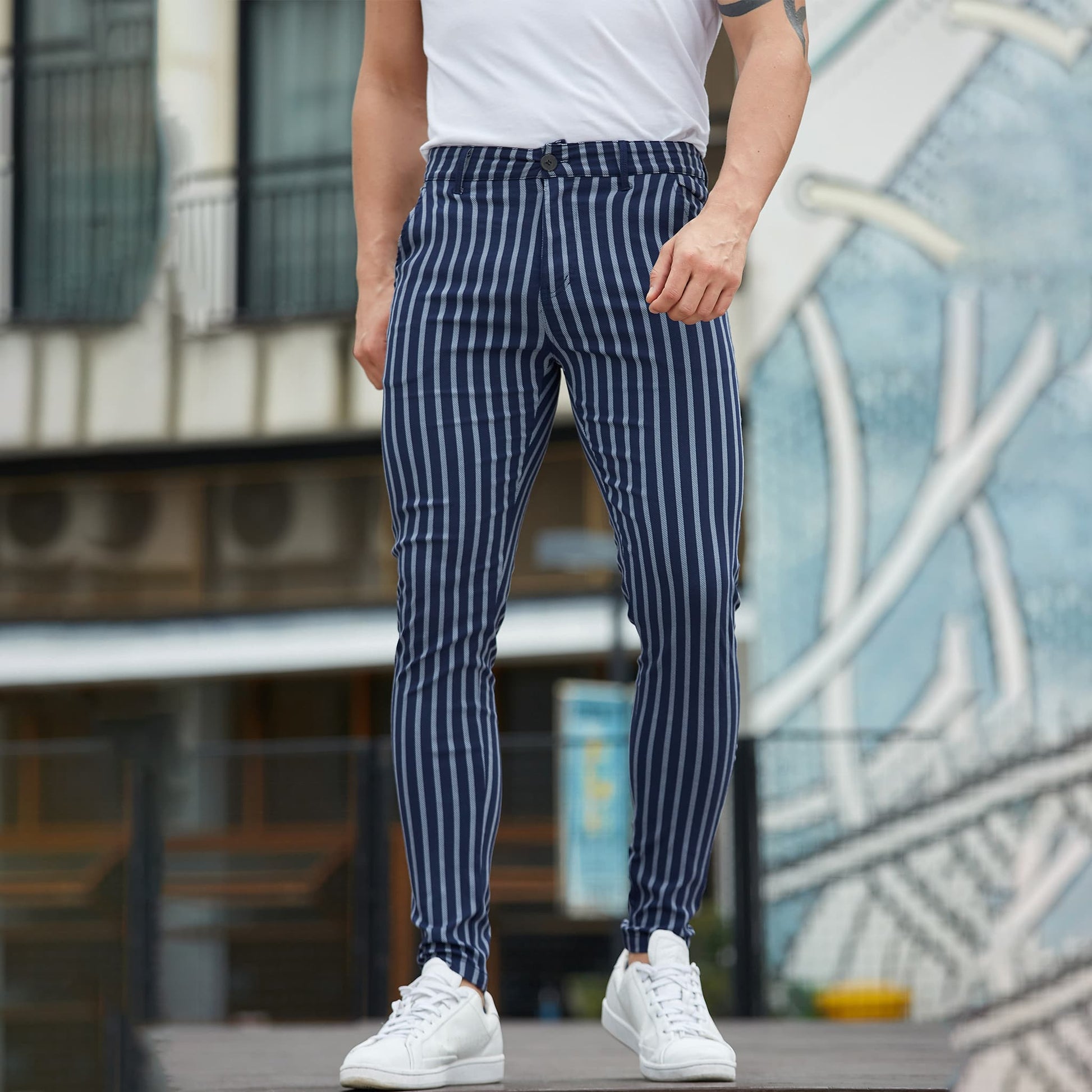 blue striped mens dress slacks slim fit stretchy