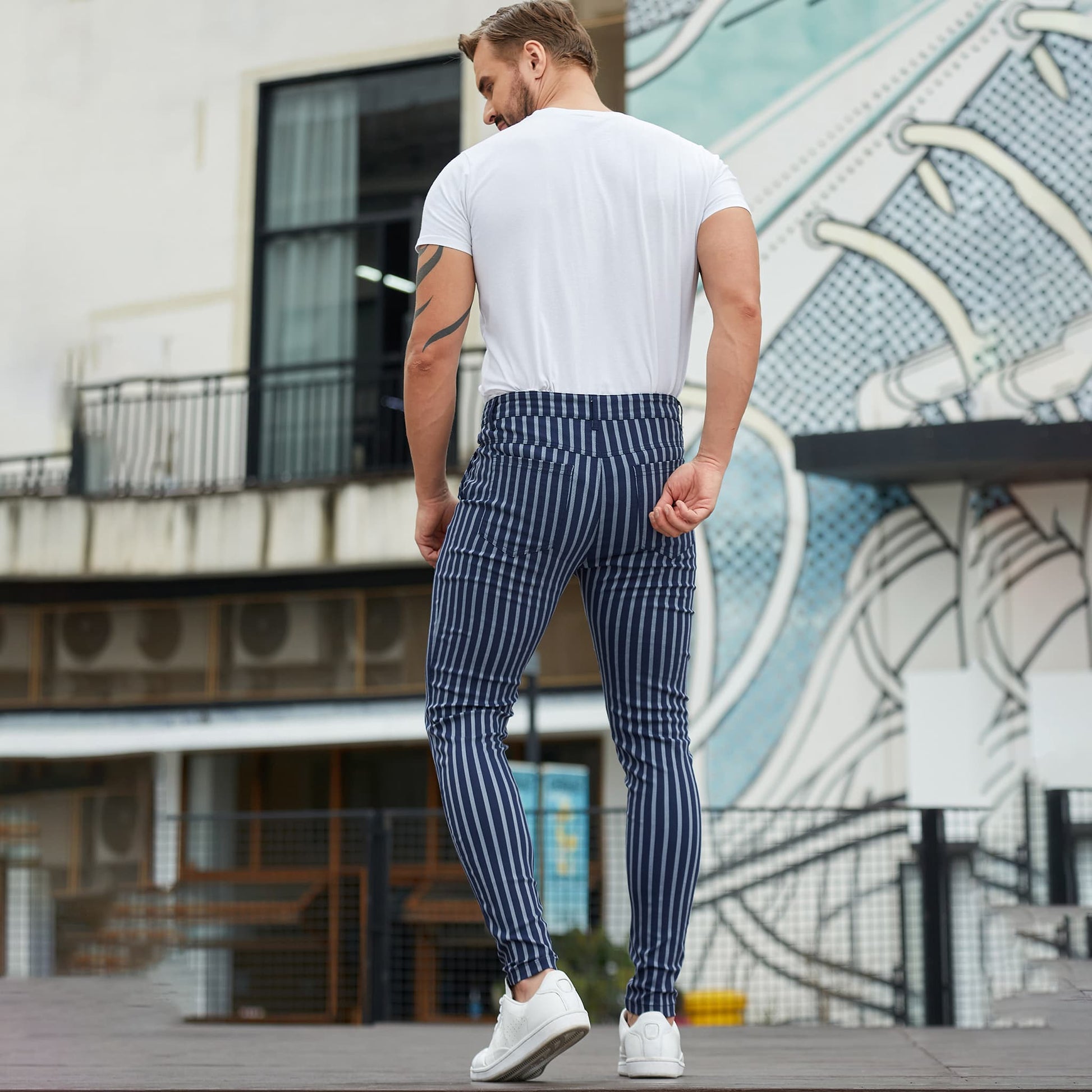 blue striped pants men slim fit stretchy