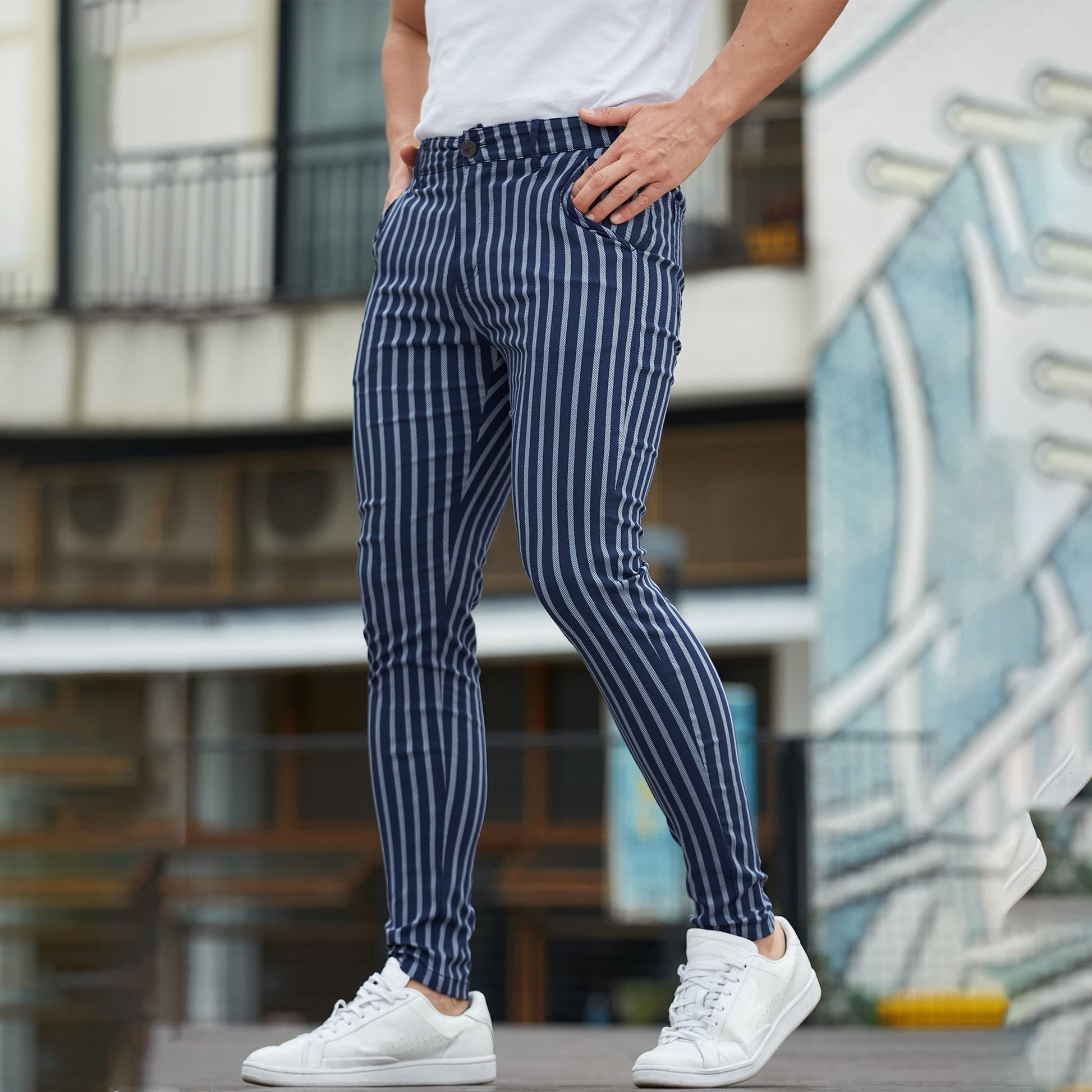 blue striped slim chinos pants men stretchy