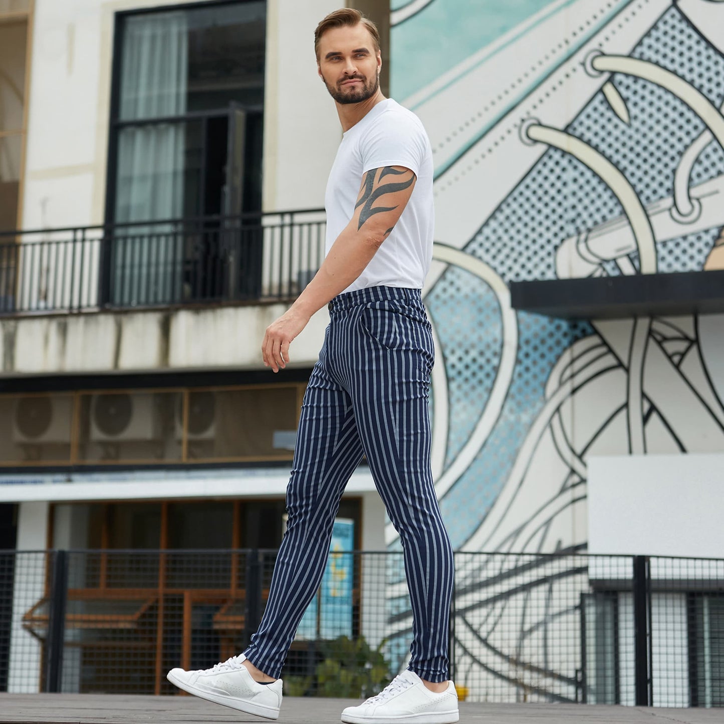 blue striped stretch chino pants men slim fit 