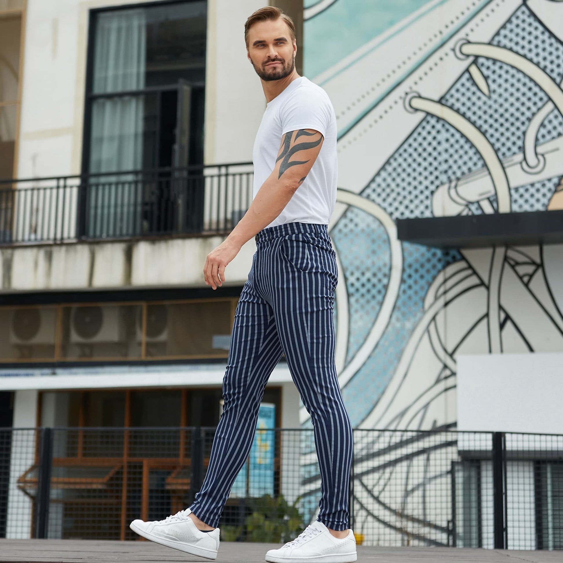 blue striped stretch chino pants men slim fit 