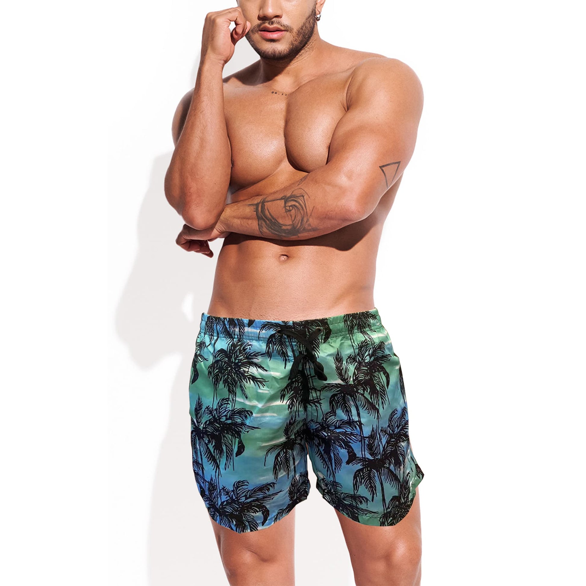 dark green coconut tree board shorts for men