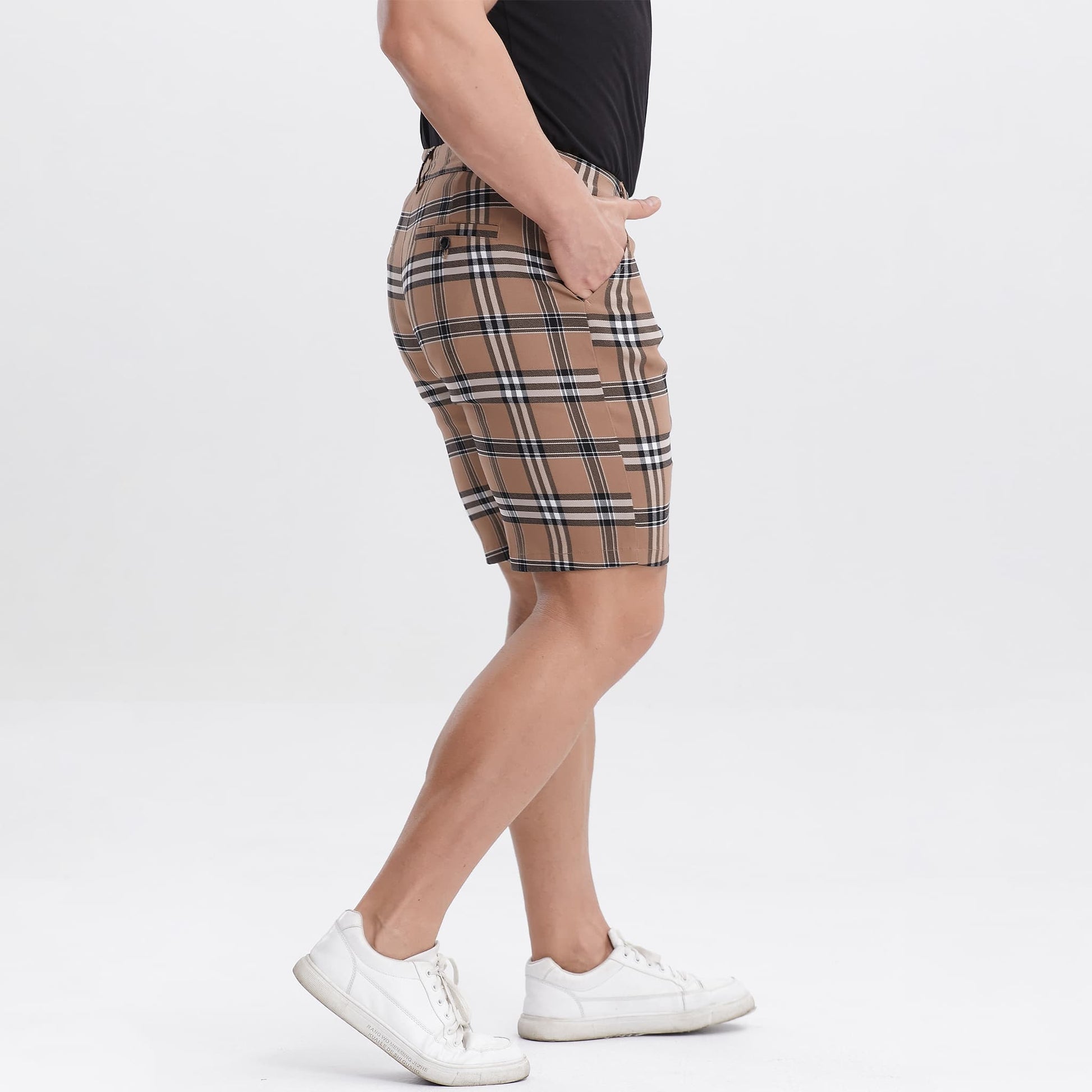 brown checkered mens denim shorts slim fit stretch