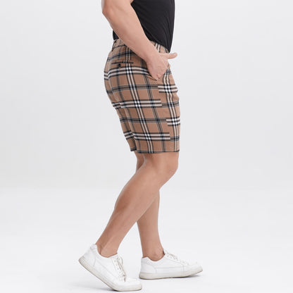 brown checkered mens denim shorts slim fit stretch