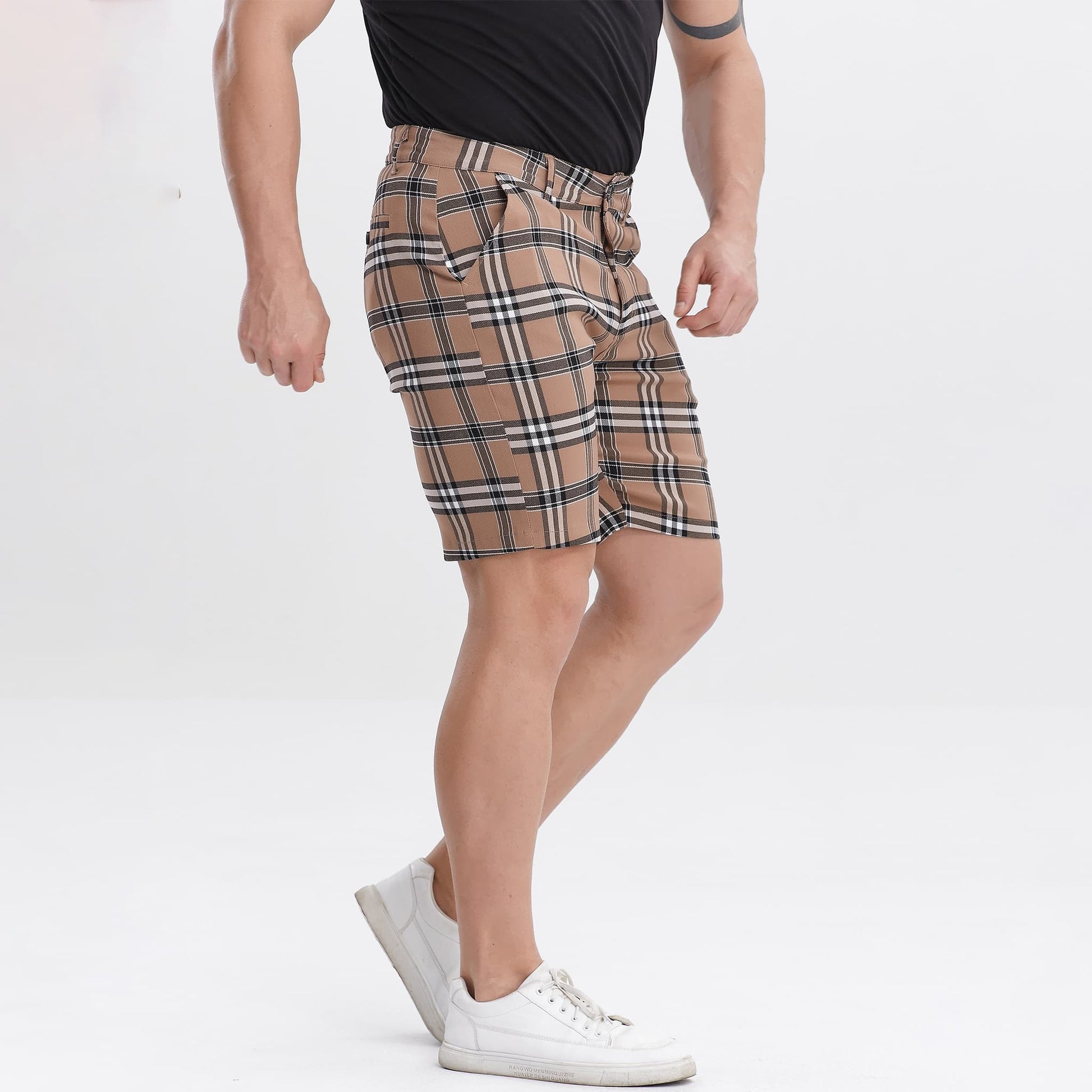 brown checkered  mens dress shorts 9 inch inseam slim fit stretch