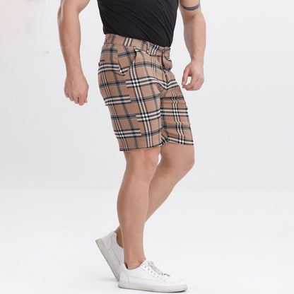brown checkered  mens dress shorts 9 inch inseam slim fit stretch