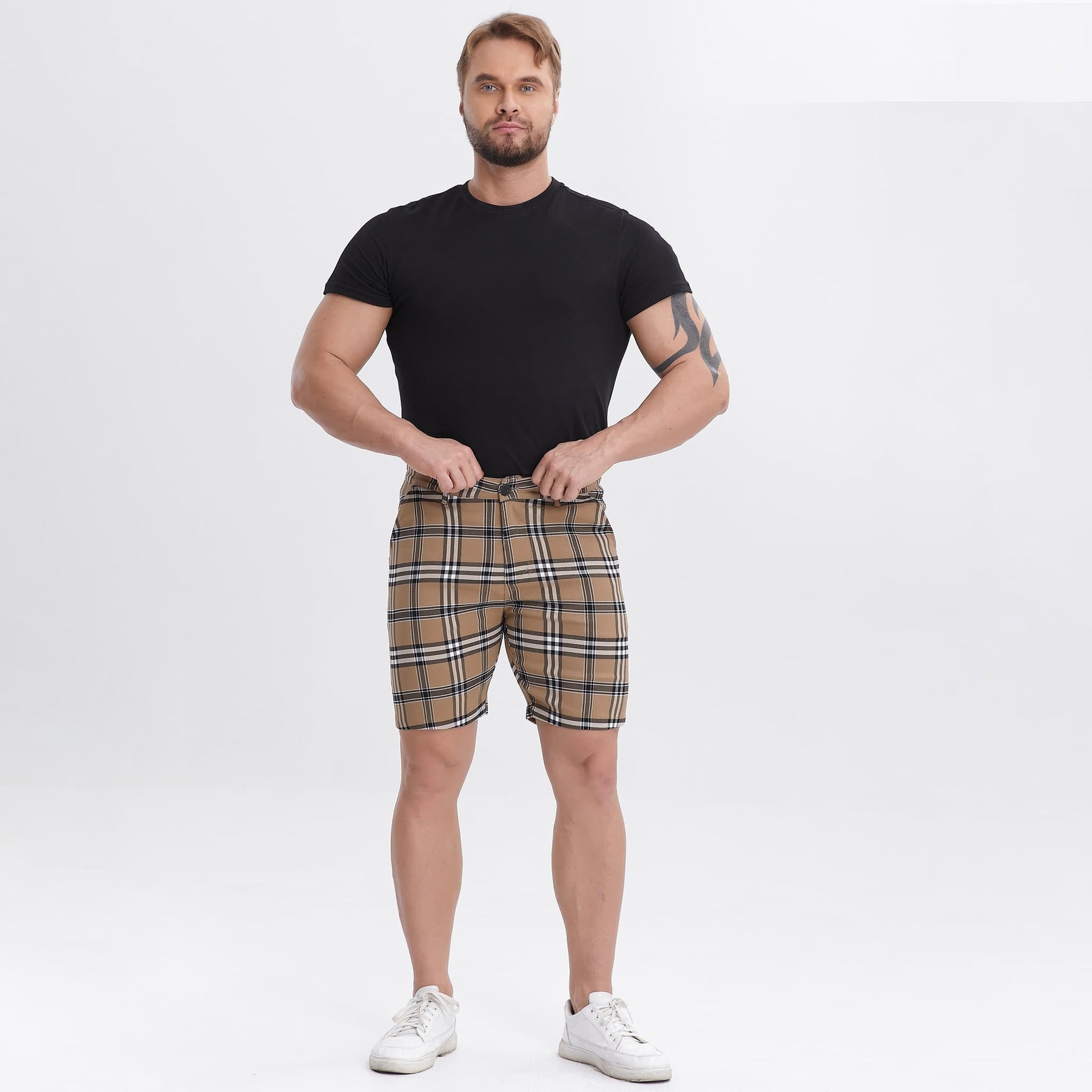 brown checkered mens jeans shorts slim fit stretchy