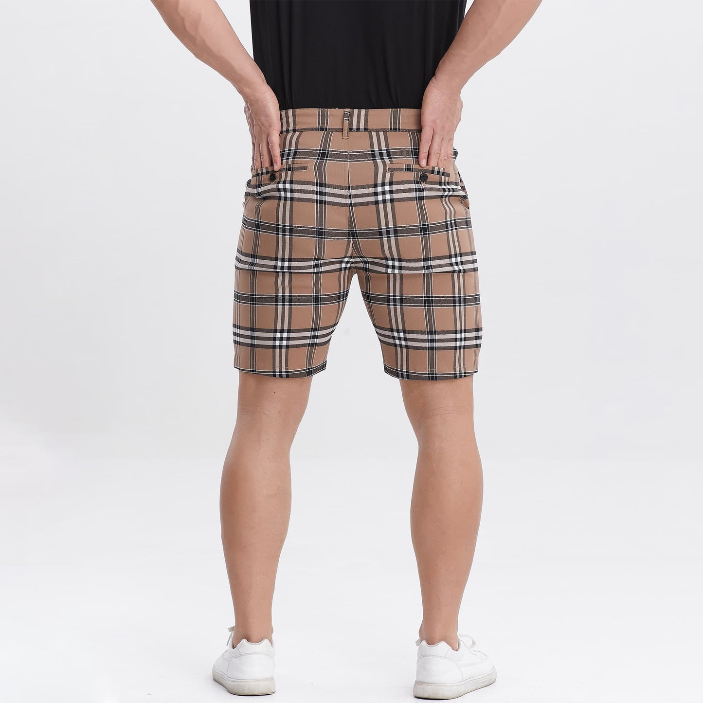 brown checkered mens skinny shorts stretchy