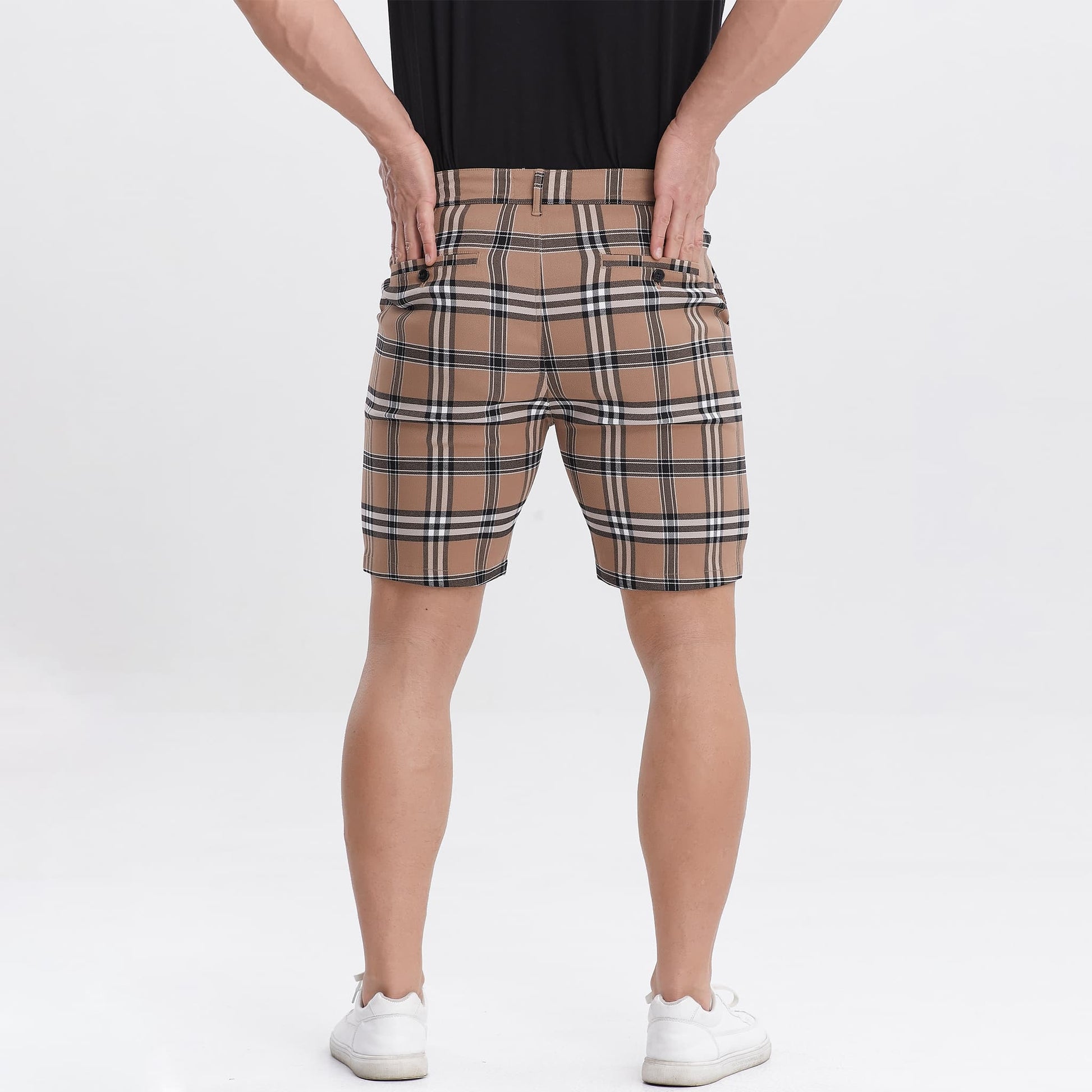 brown checkered mens skinny shorts stretchy