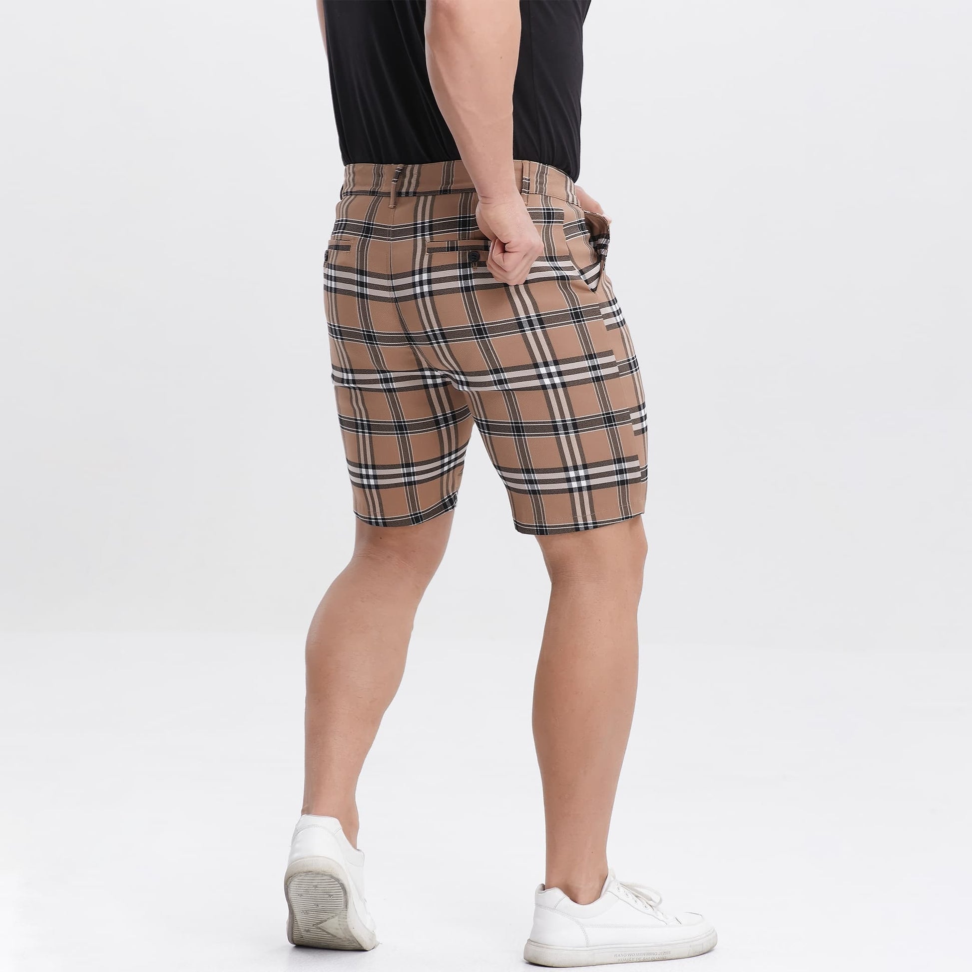 brown checkered mens slim fit shorts stretch
