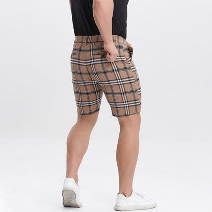 brown checkered mens slim fit shorts stretch