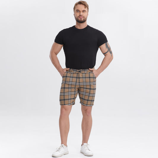 brown checkered skinny shorts for men stretchy