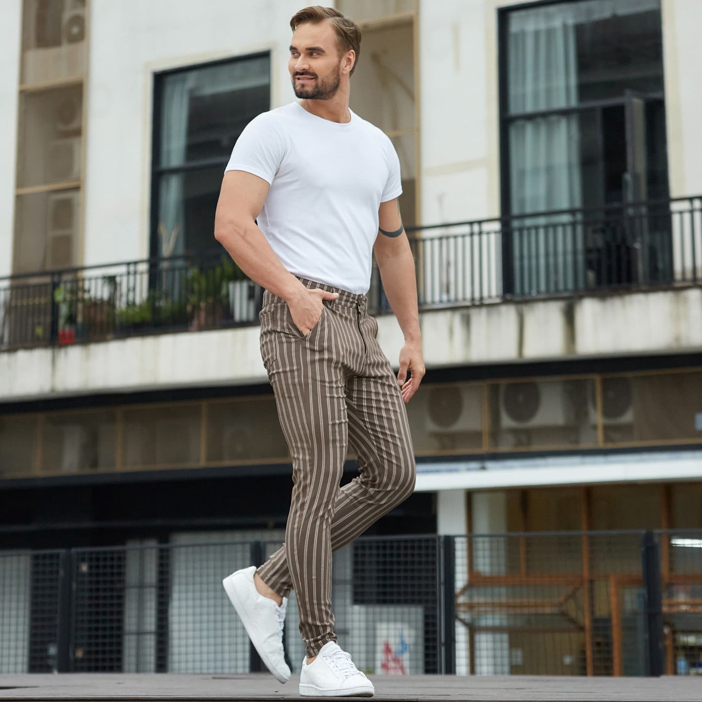 brown mens striped pants slim fit stretchy