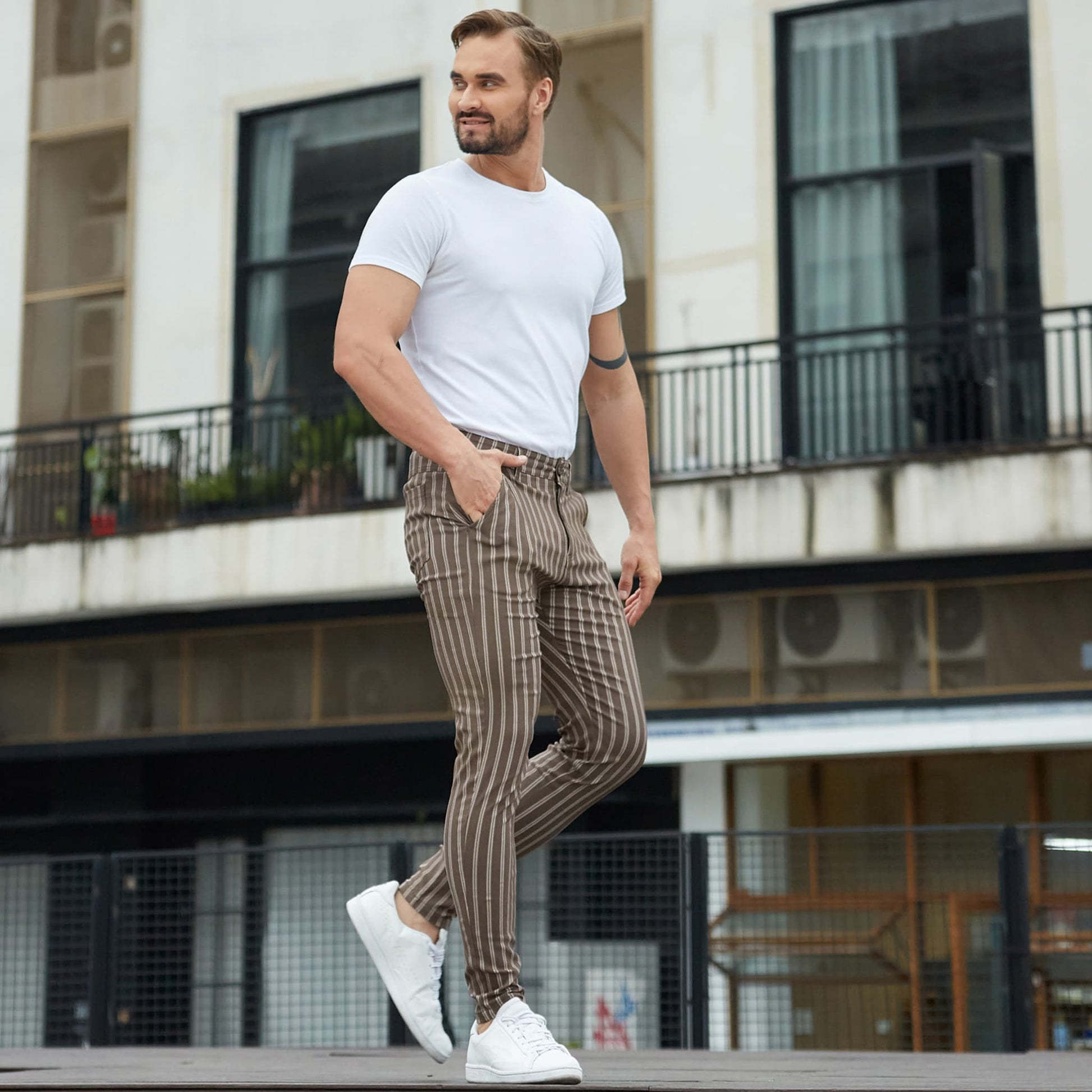 brown mens striped pants slim fit stretchy