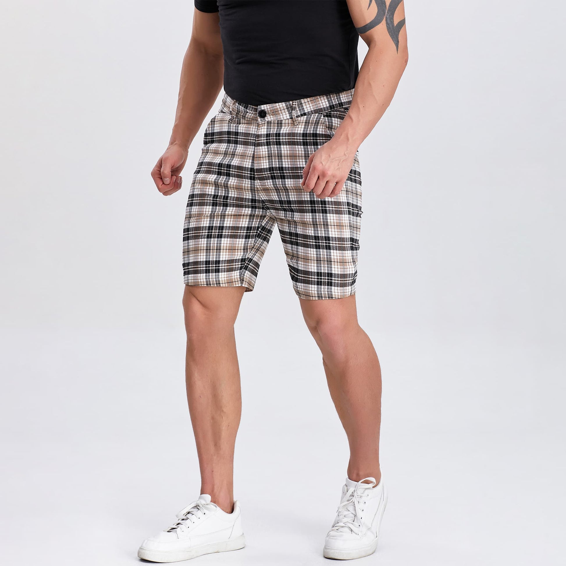 brown plaid mens bermuda shorts slim fit stretch