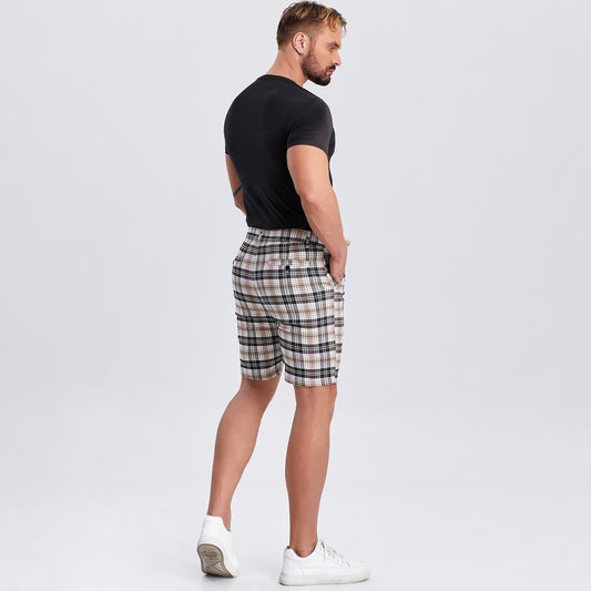 brown plaid shorts men slim fit stretch