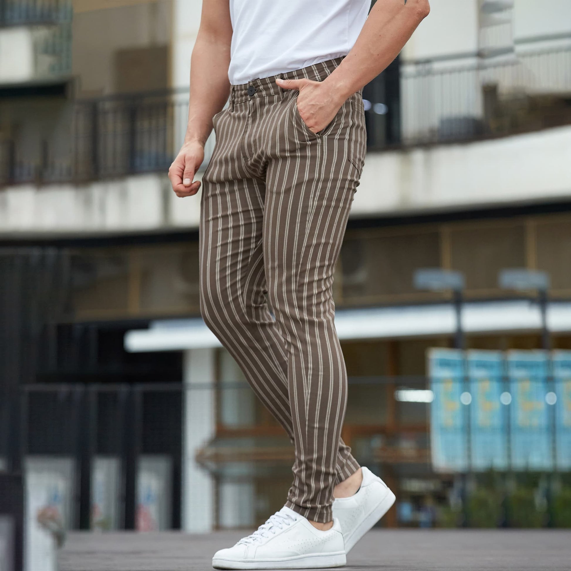 brown striped pants men slim fit stretchy