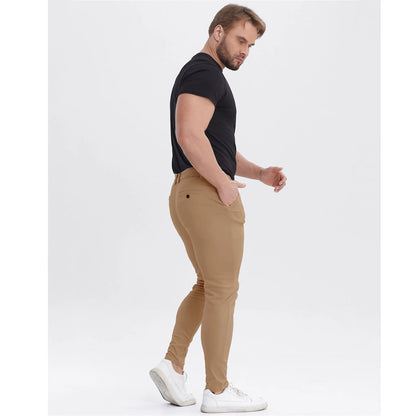 Men's Slim Fit Stretch Chinos - Tan Pleated Business Casual Pants