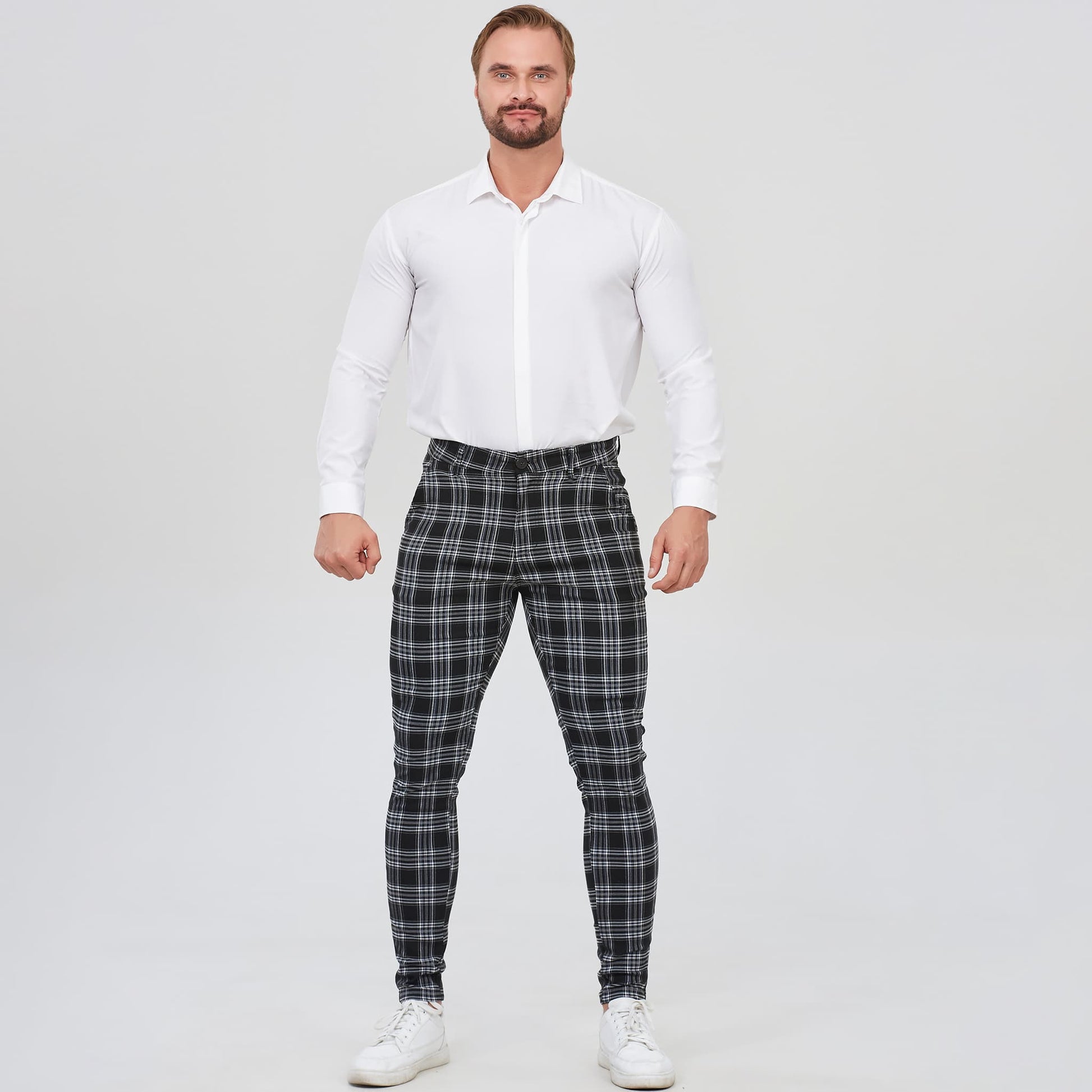 black plaid business pants for men slim fit stretchy