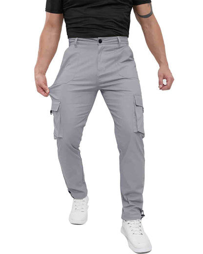 ALLELMS Mens Straight-Fit Stretch Grey Cargo Pant with Multi Pockets