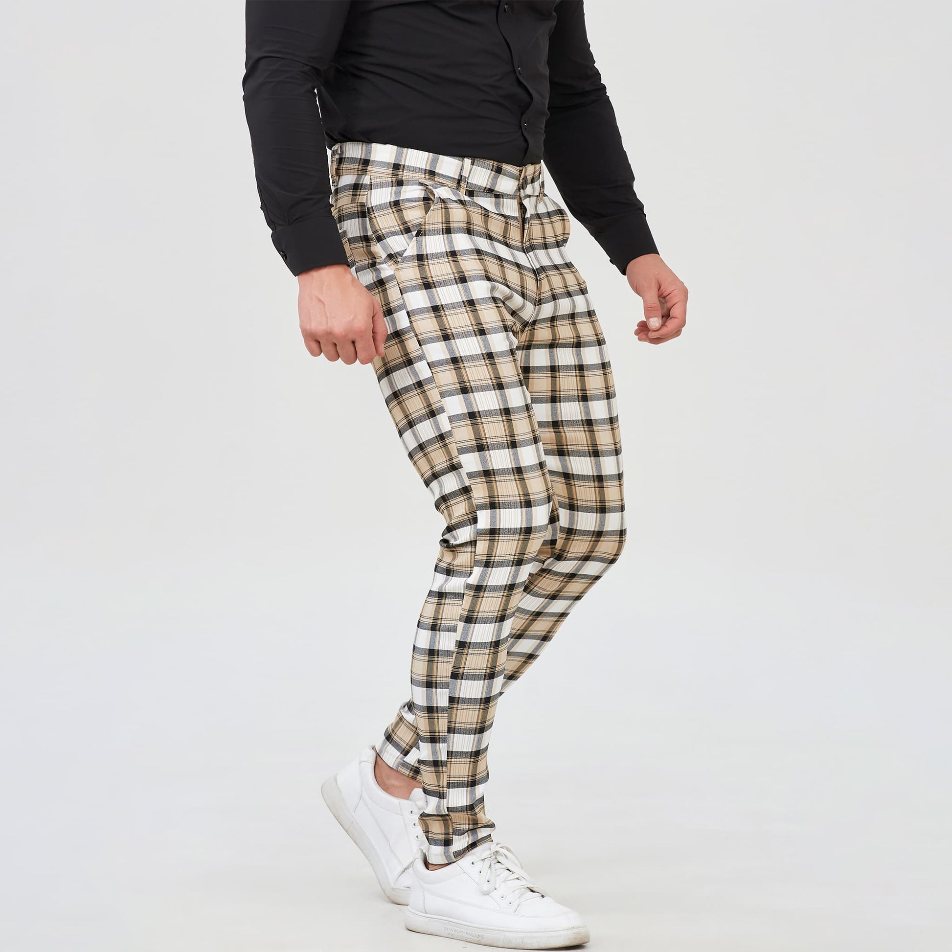 yellow plaid chinos pants men slim fit stretchy