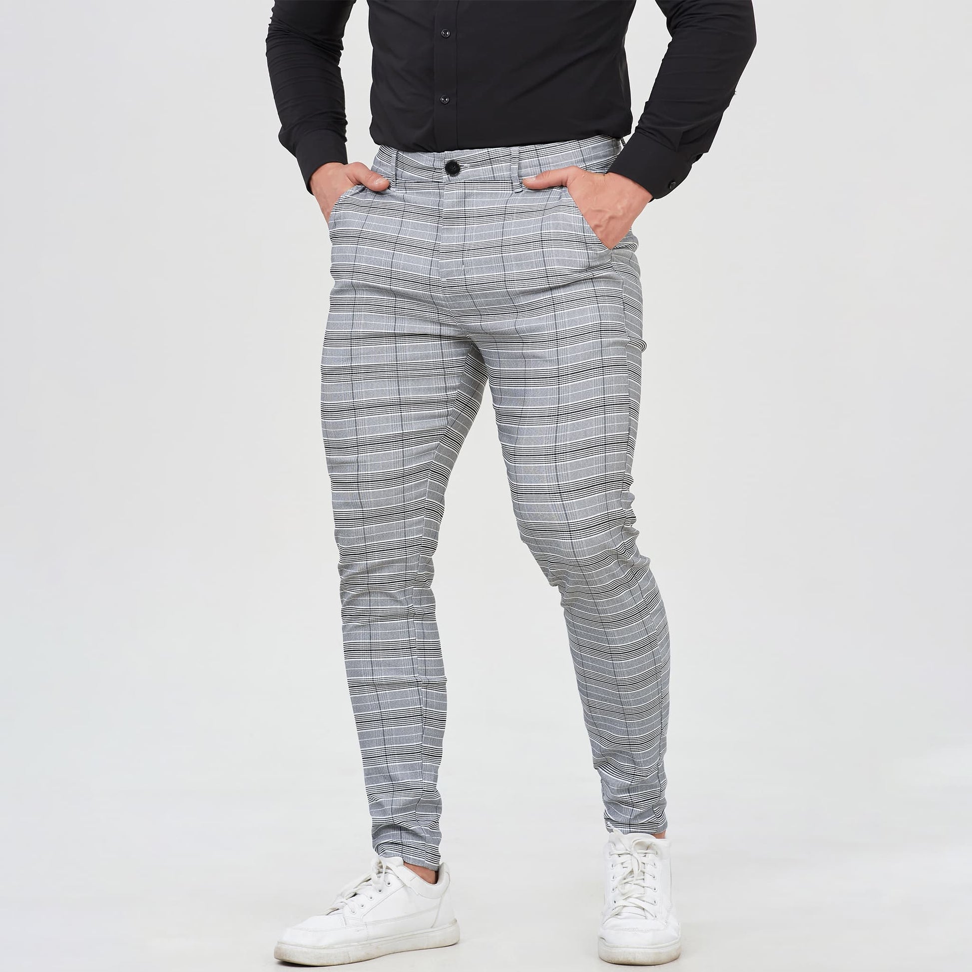 grey plaid chinos pants men slim fit