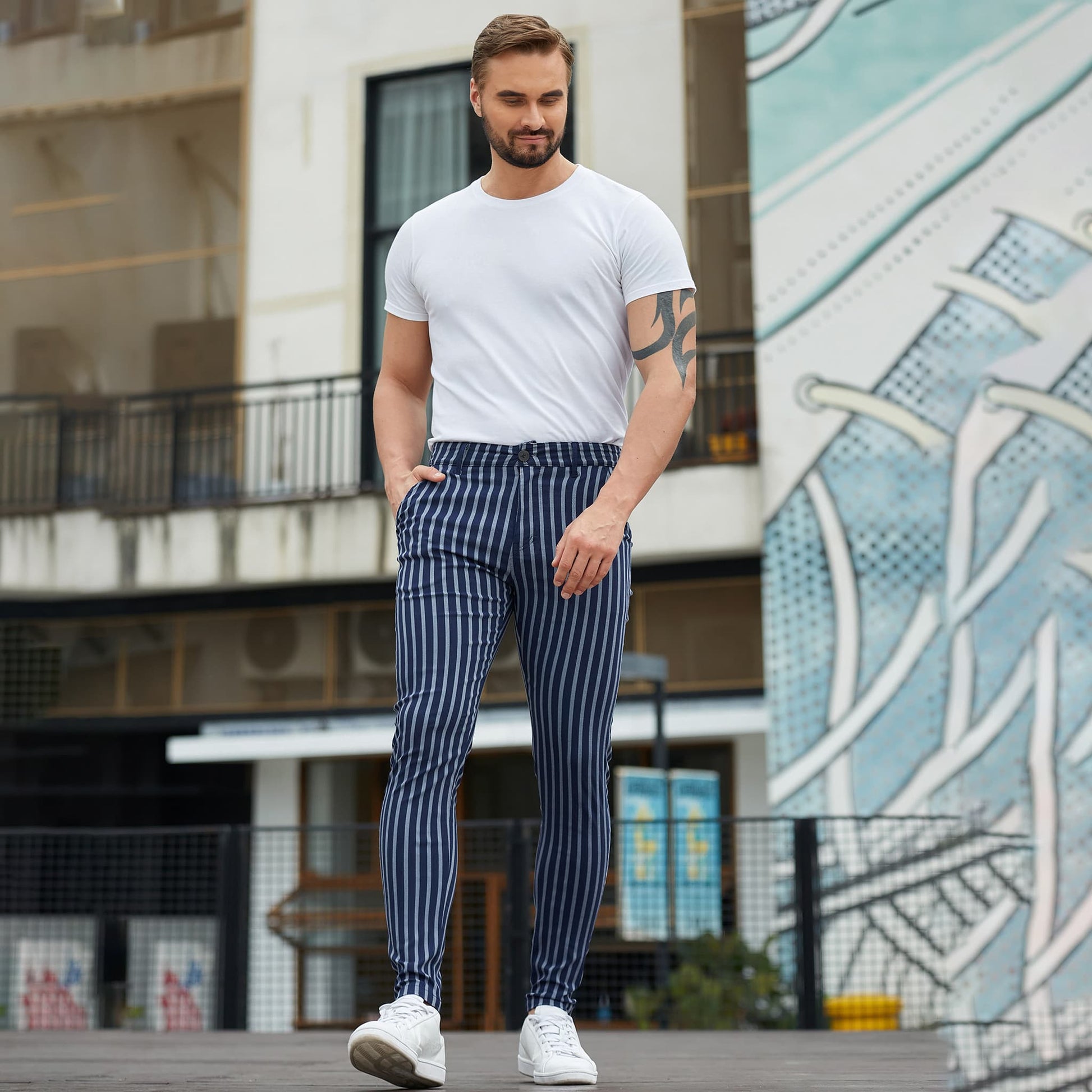 Mens Chinos Slim Fit Stretch Flat-Front Skinny Blue Striped Dress Pant ALLELMS Mens Chinos Slim Fit Stretch Flat-Front Skinny Blue Striped Dress Pant ALLELMS