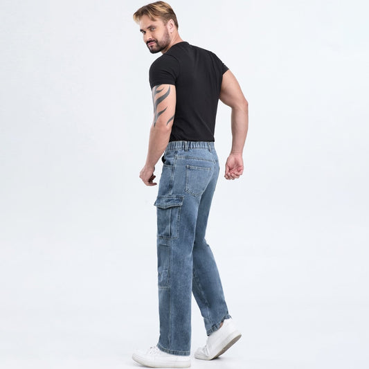 denim cargo pants men button closure