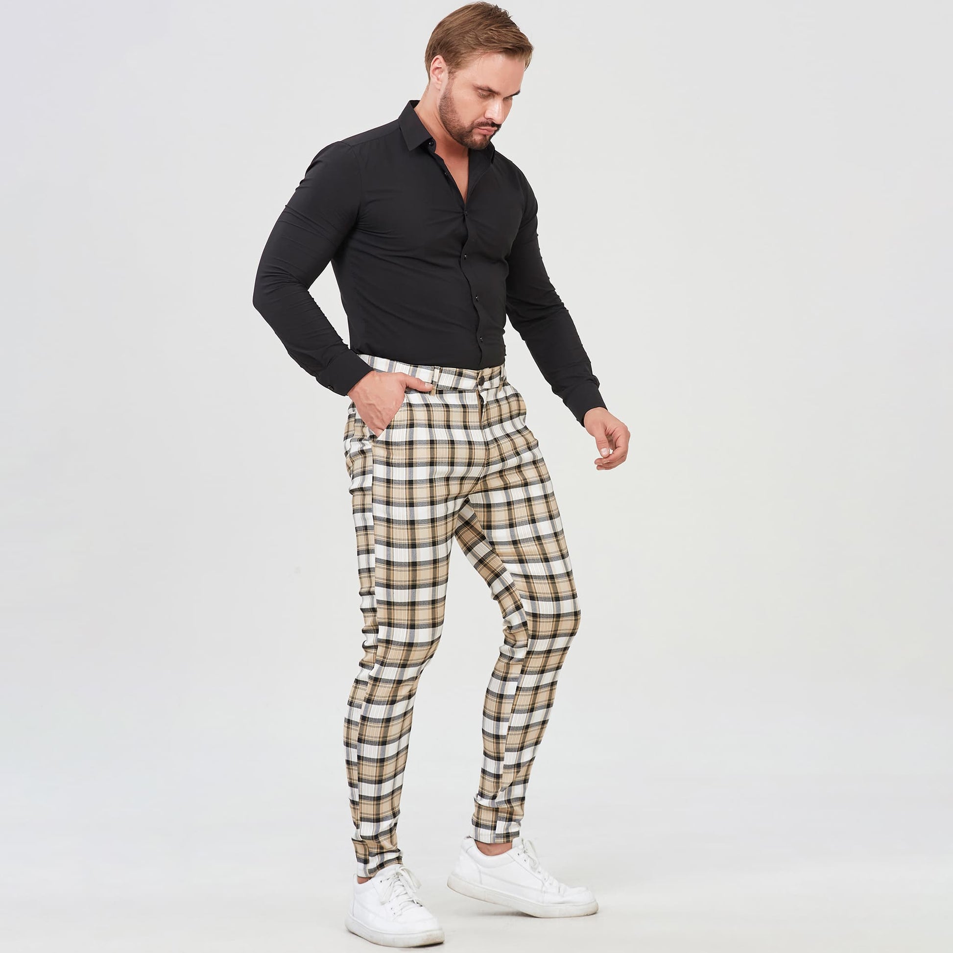 yellow checkered dress pants for men slim fit