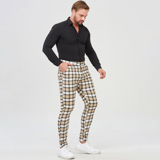 yellow checkered dress pants for men slim fit