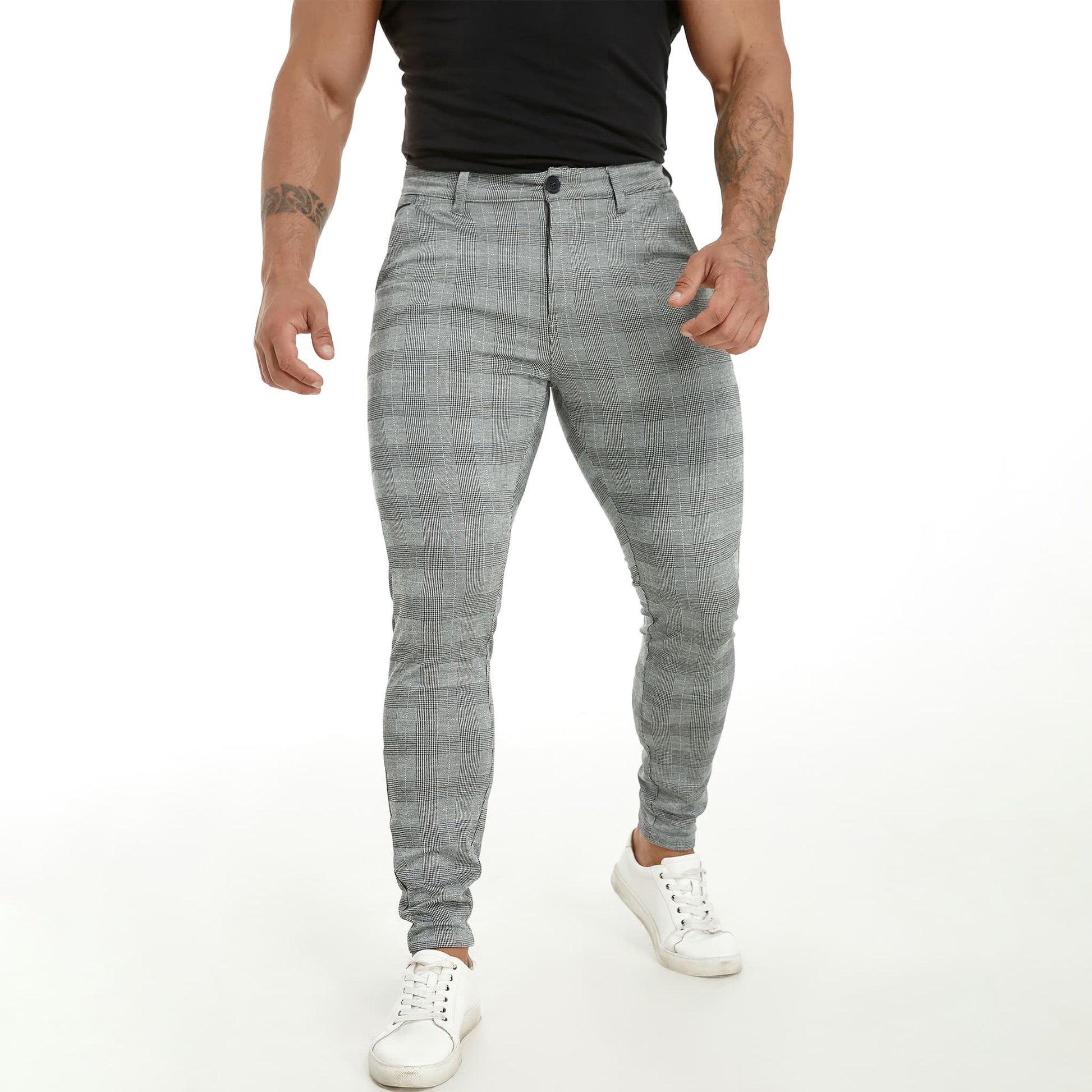 grey plaid slim fit dress pants for men stretch