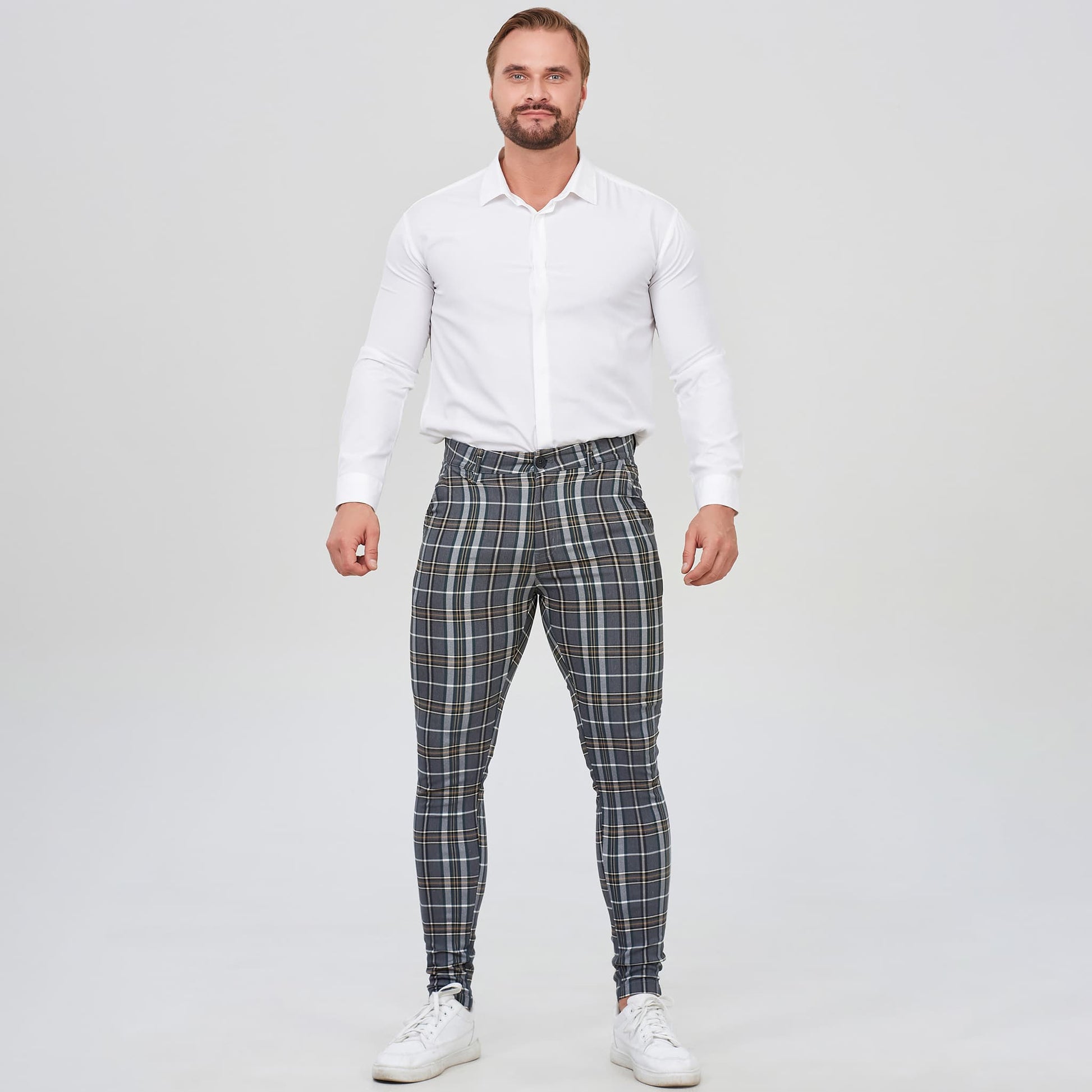 grey plaid dressing pants for men slim fit stretchy