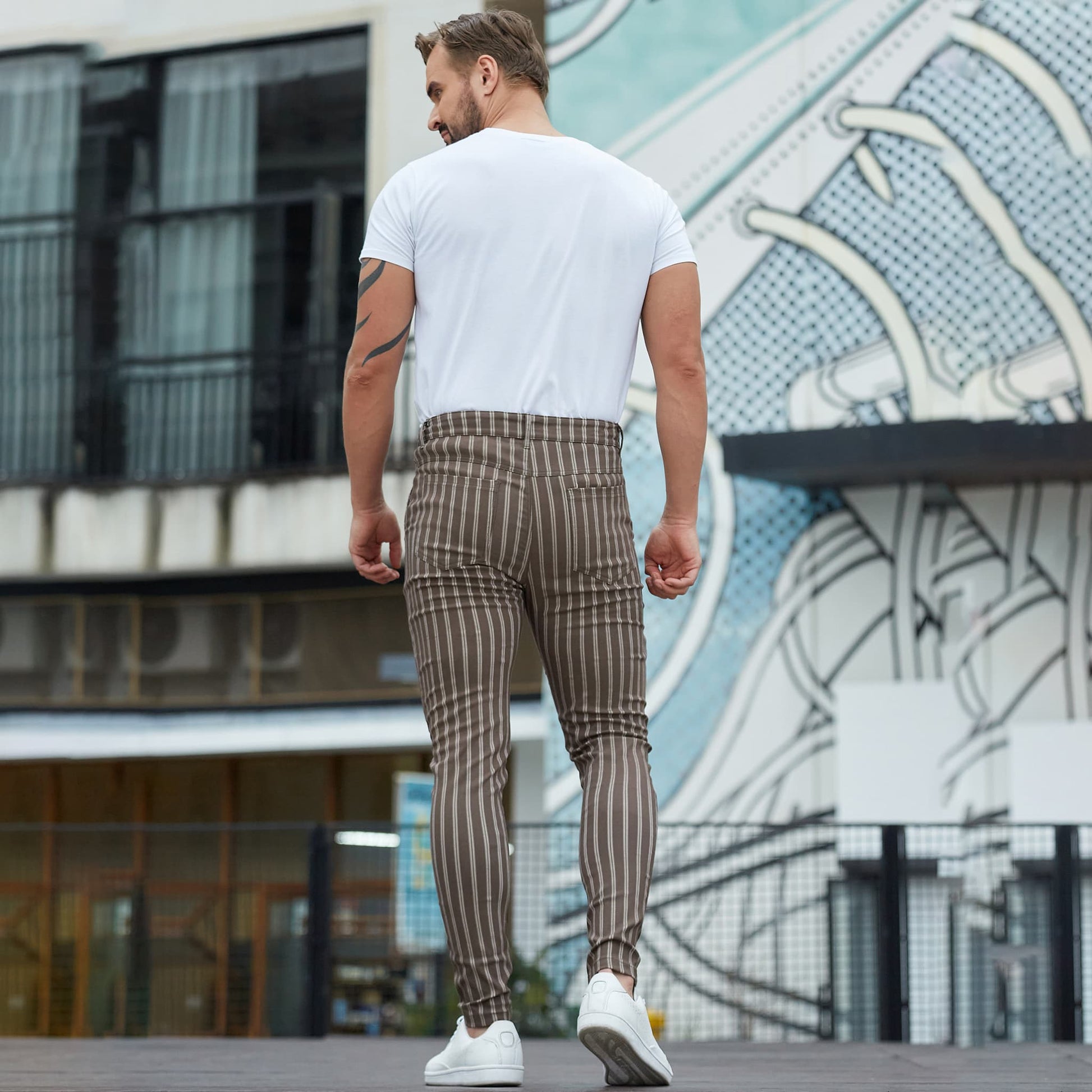 brown striped dressy pants for men slim fit stretchy
