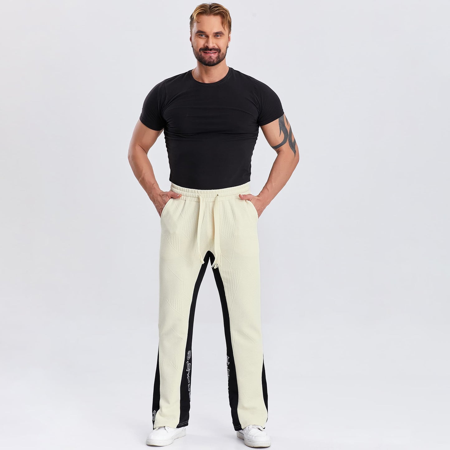 drawstring waistband flare pants for men embroidered letters
