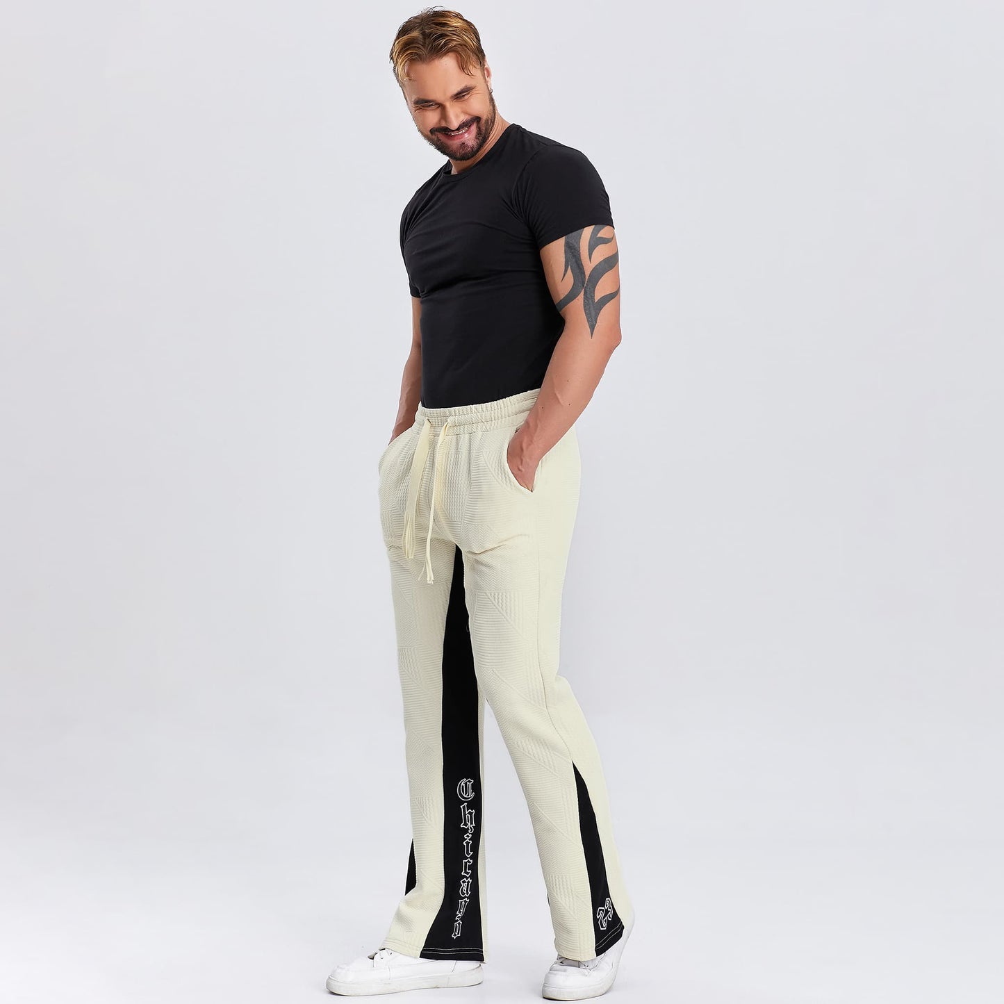 drawstring waistband flare pants men open bottom