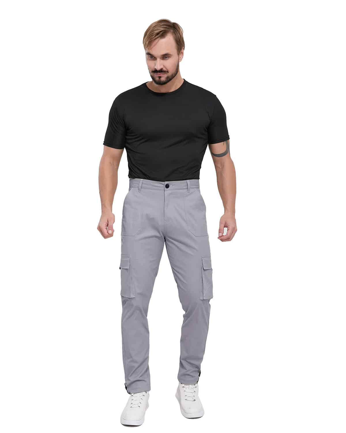 ALLELMS Mens Straight-Fit Stretch Grey Cargo Pant with Multi Pockets
