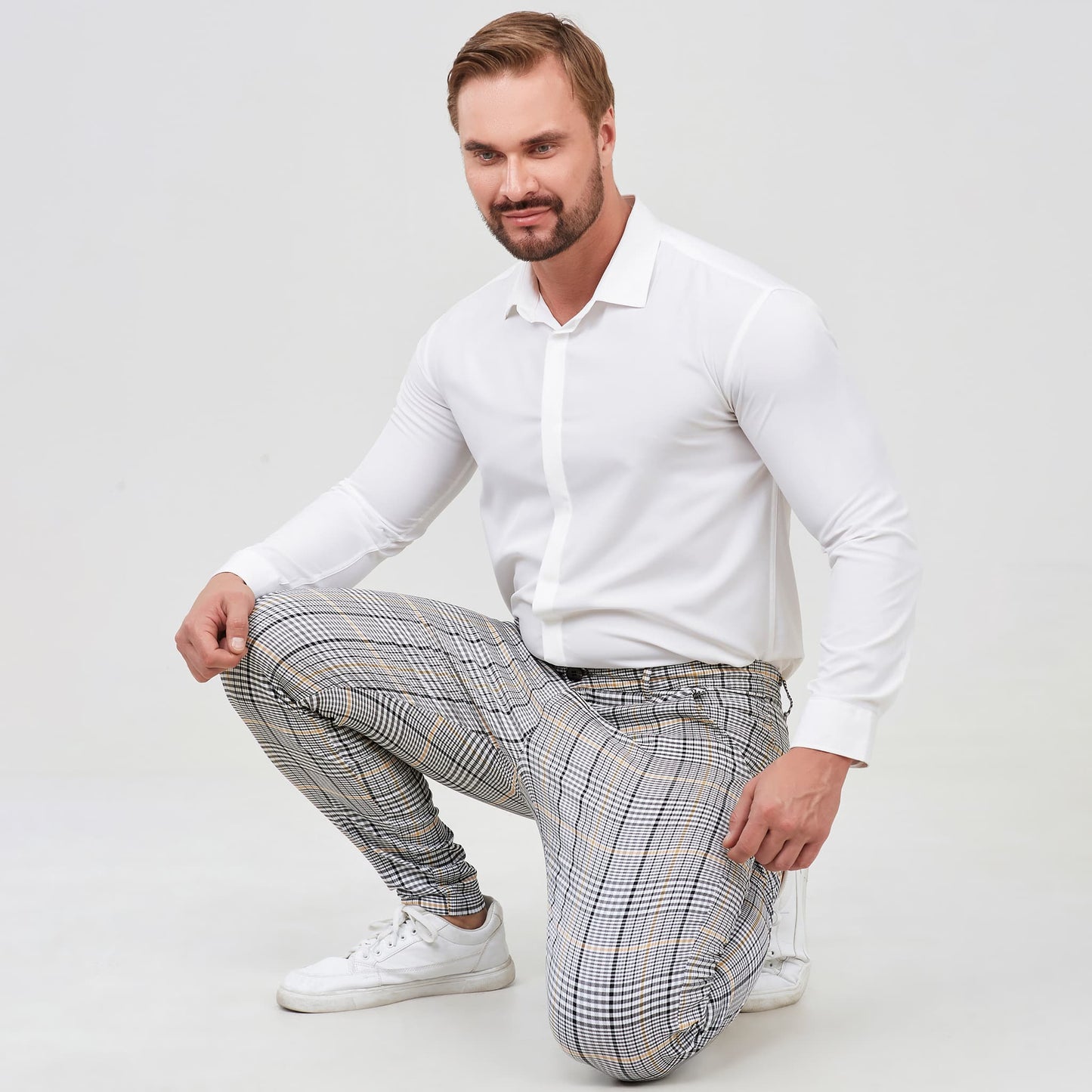 gray checkered slim fit chinos for men stretchy