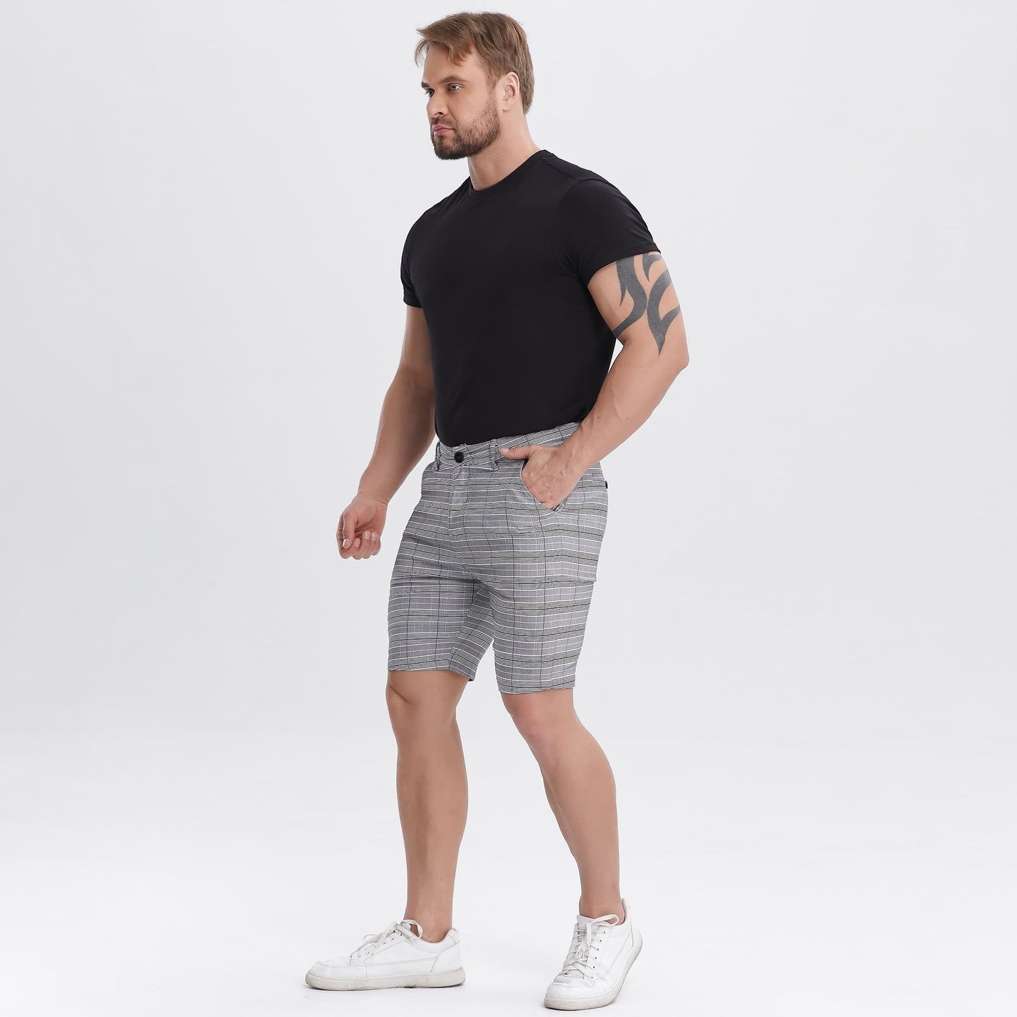 gray plaid men's plaid shorts slim fit stretchy