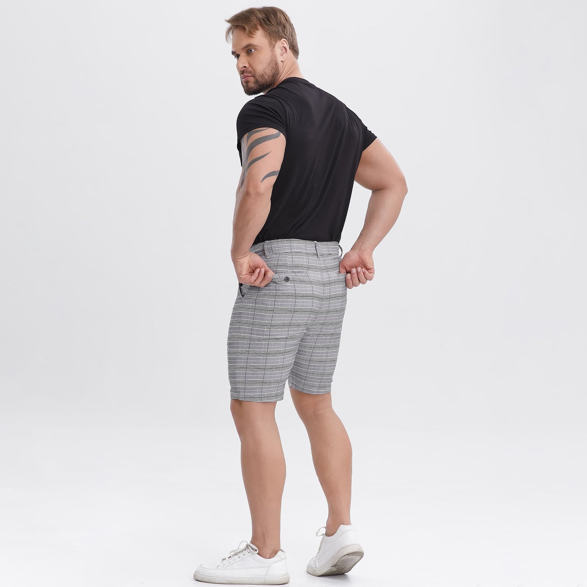 gray plaid mens short for skinny legs slim fit stretch