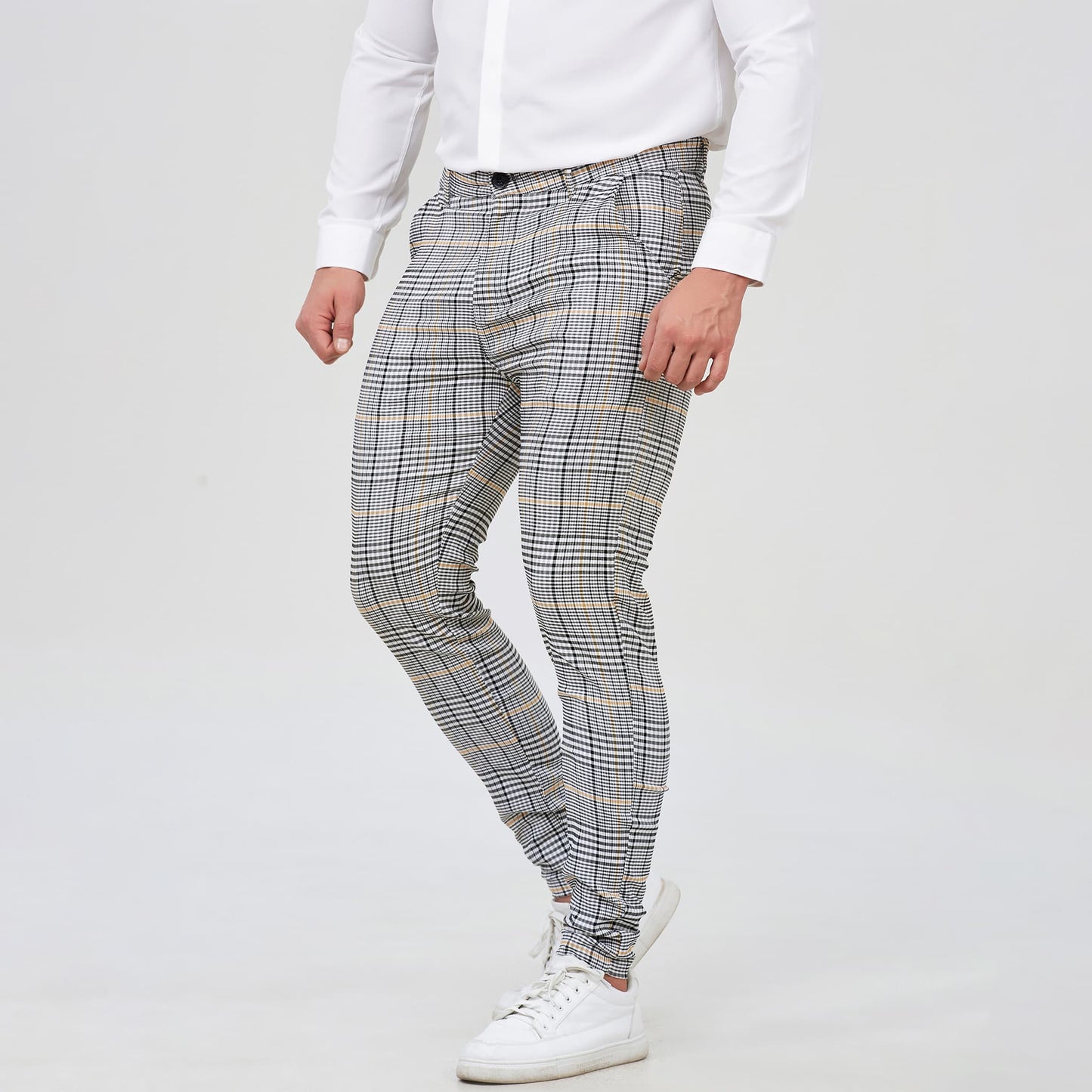 gray plaid slim fit stretchy tweed pants men