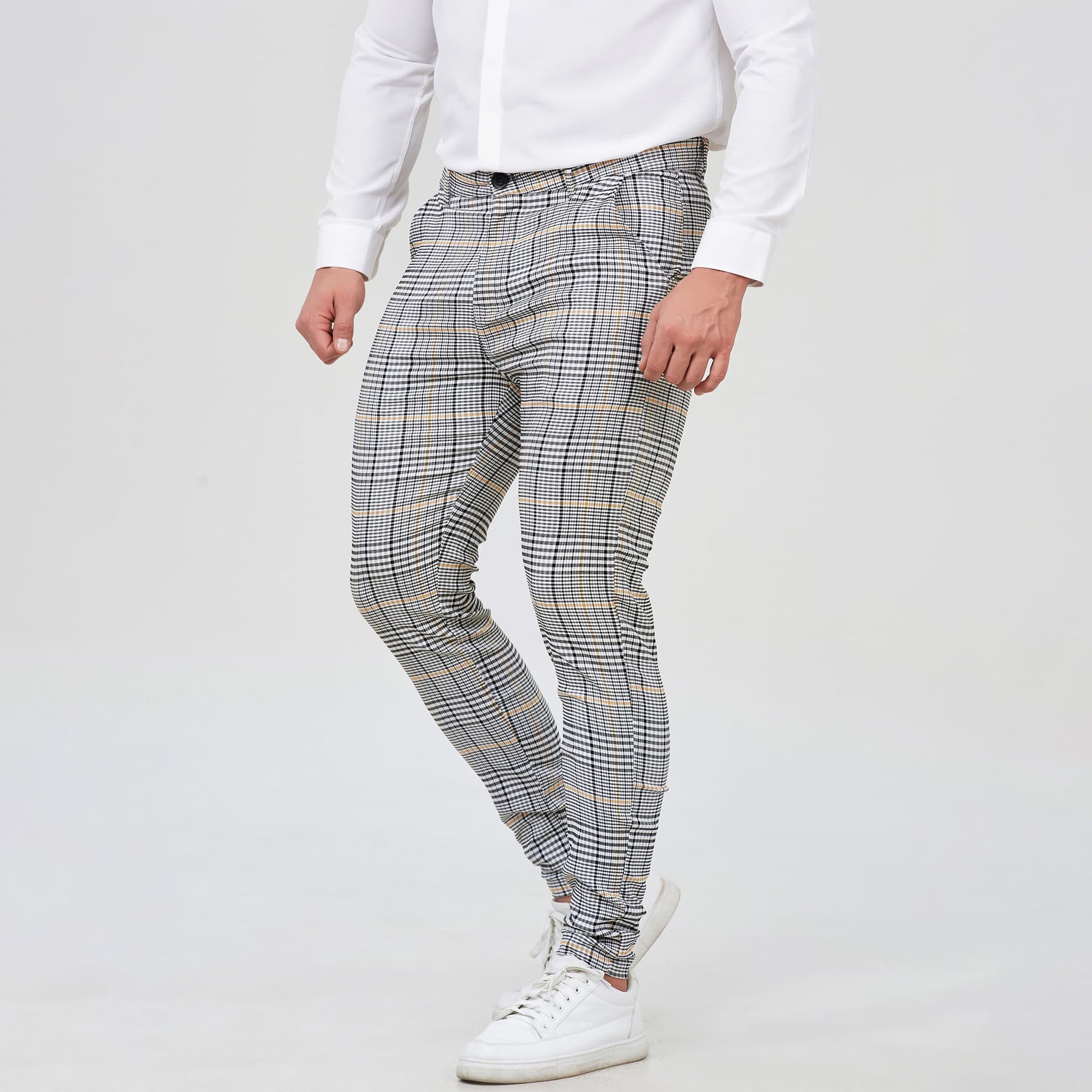 gray plaid slim fit stretchy tweed pants men