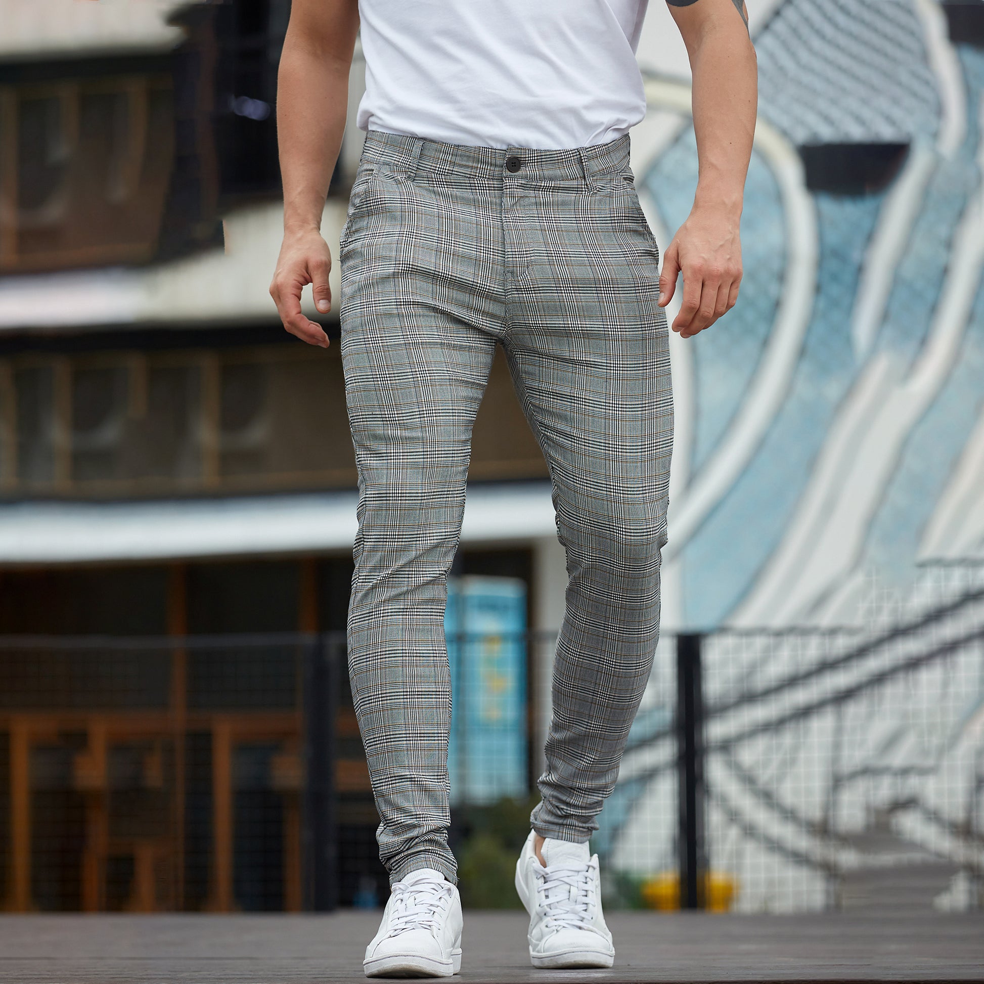 gray plaid wrinkle free pants men slim fit stretchy
