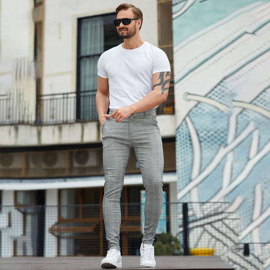 grey plaid and plain slim fit pants for men stretchy