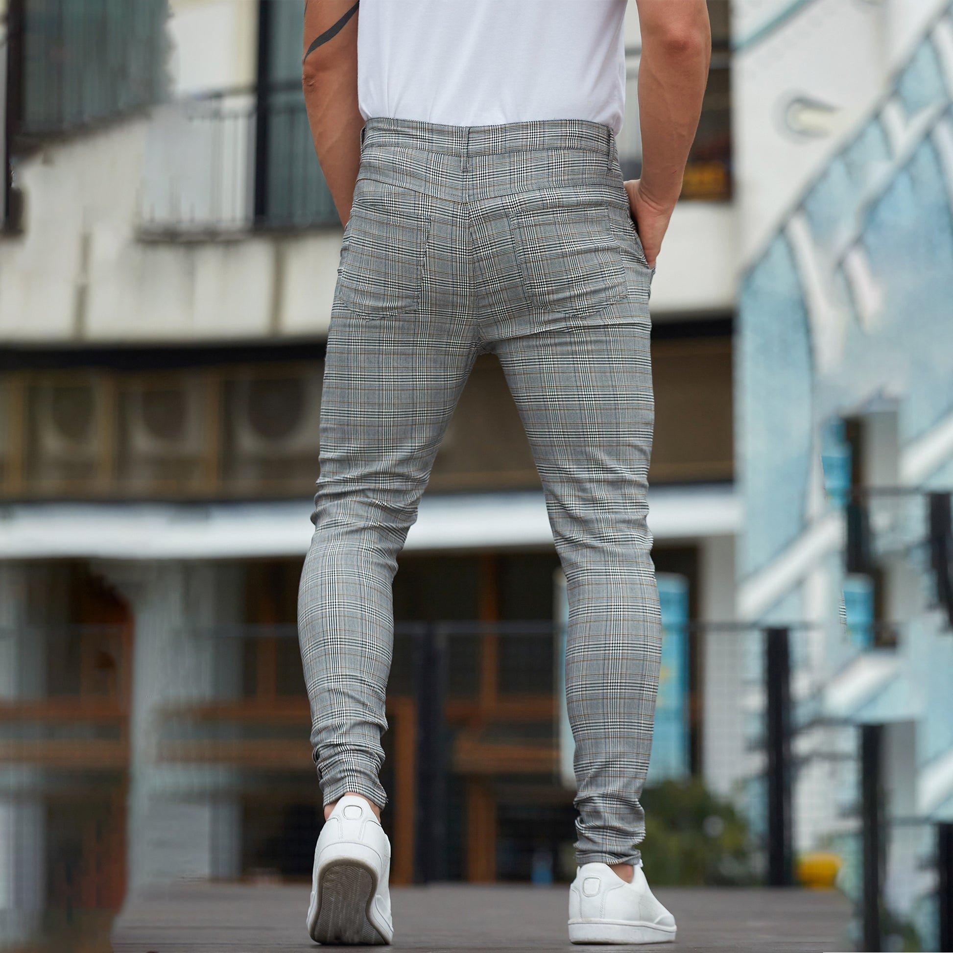 grey plaid  dress pants men skinny fit stretch