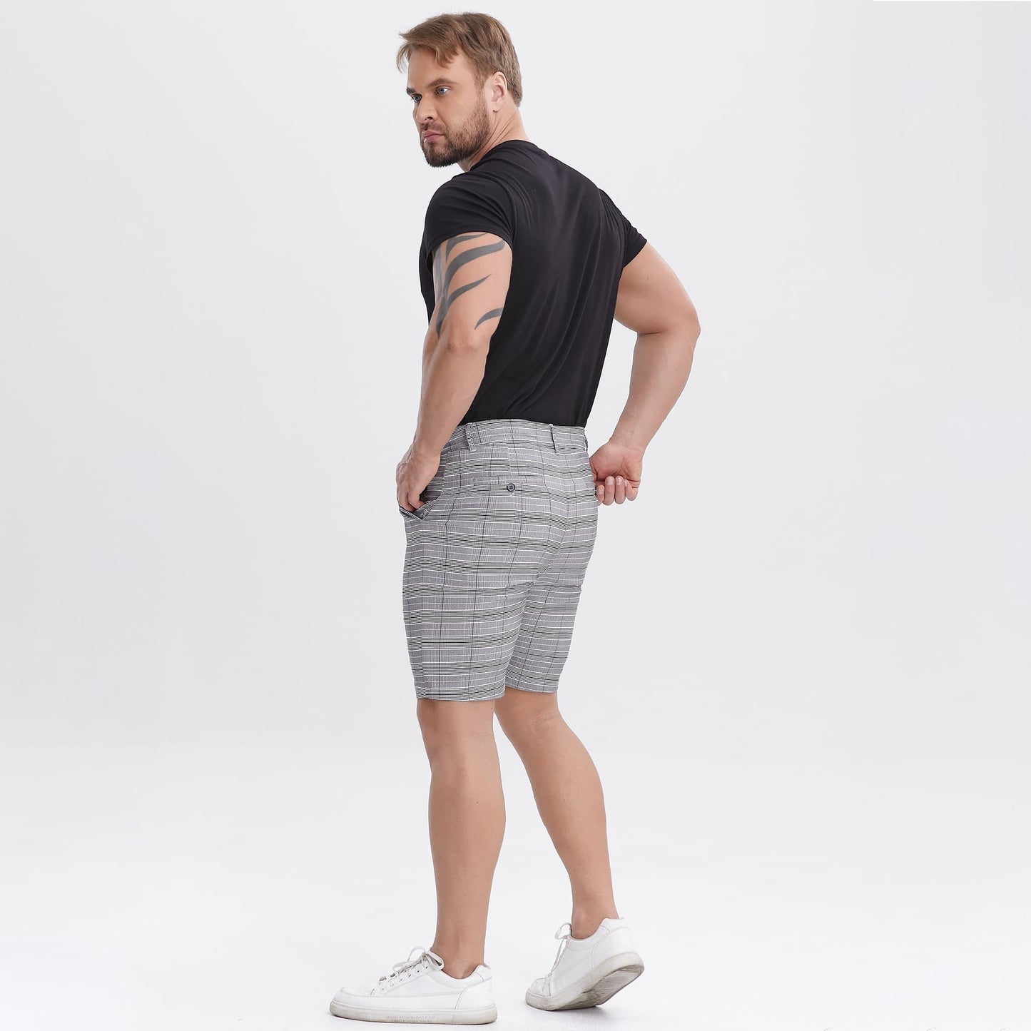 grey plaid mens slim fit shorts stretch
