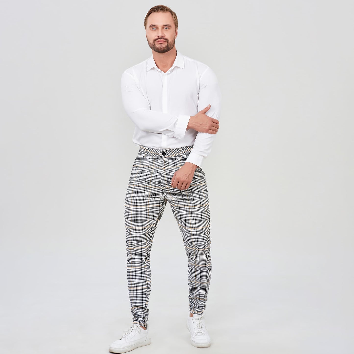 gray plaid gurkha pants slim fit stretchy
