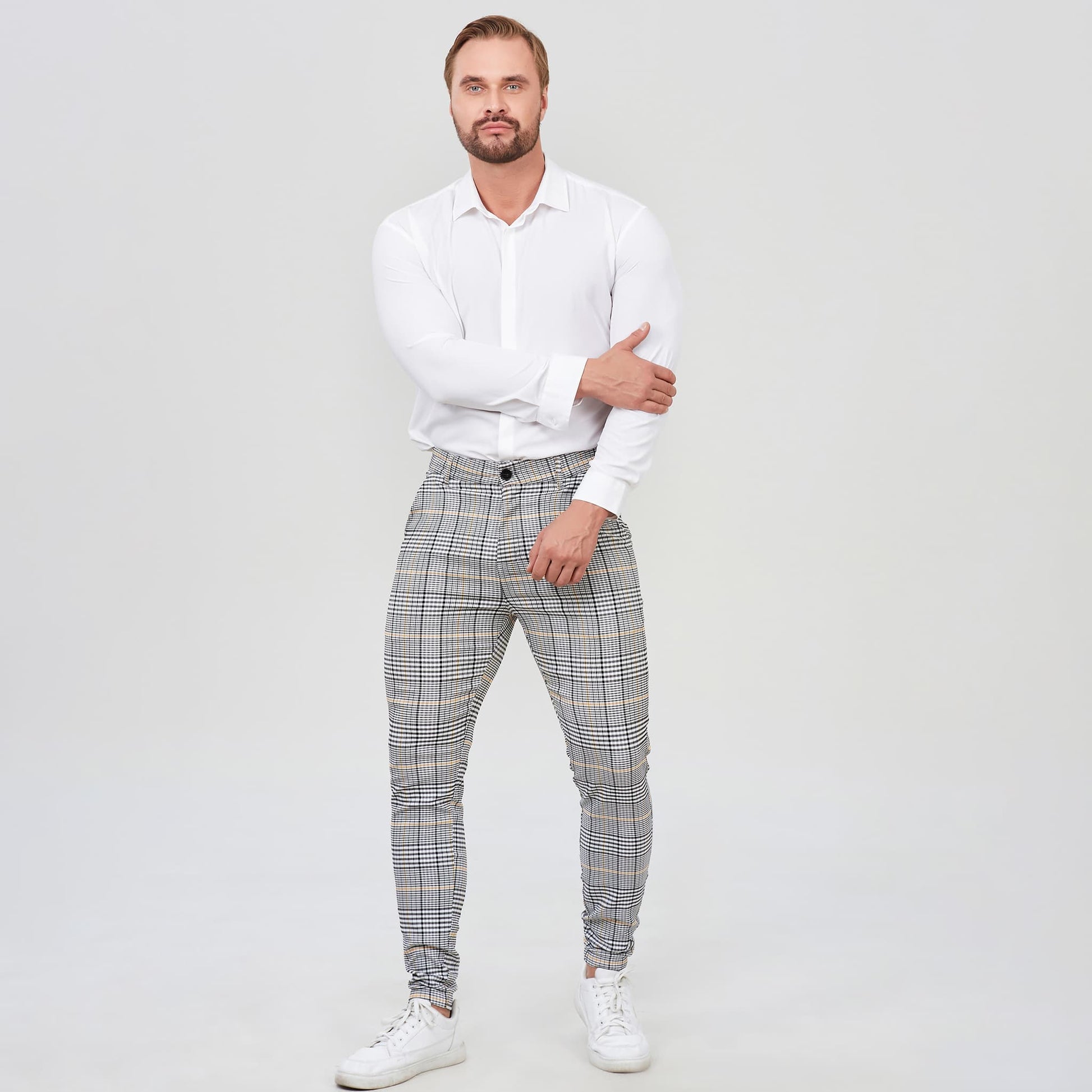 gray plaid gurkha pants slim fit stretchy