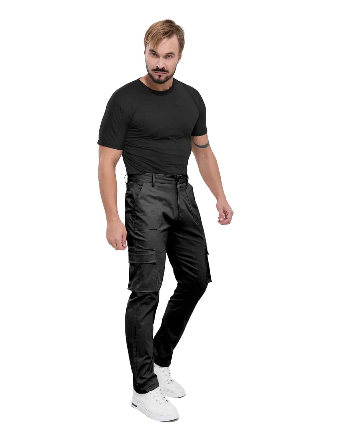 ALLELMS Mens Straight-Fit Stretch Black Cargo Pant with Multi Pockets
